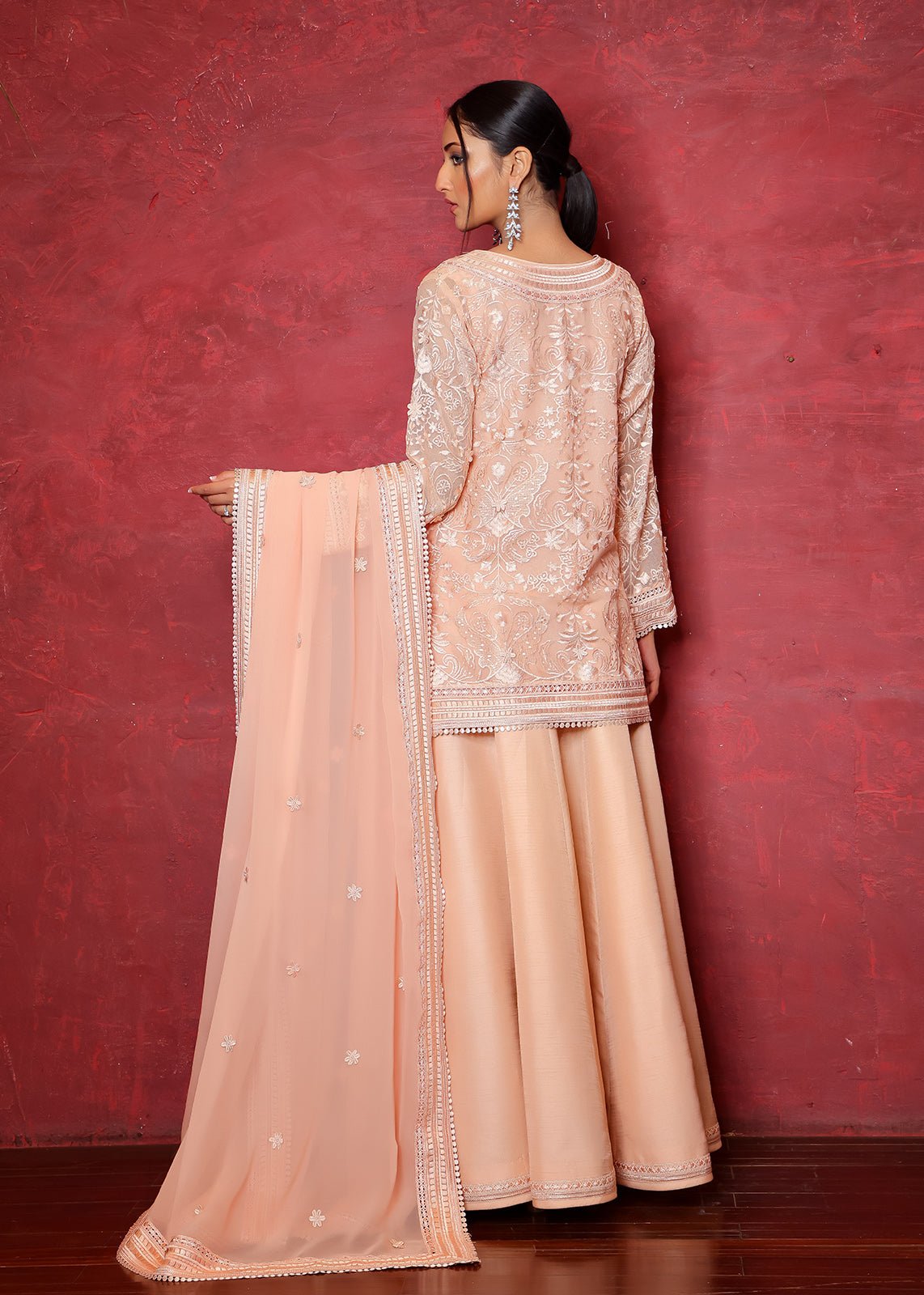 Pakistani Pink Chikan Embroidered Cotton Net Kurta & Dupatta (2-Piece) - Image 4