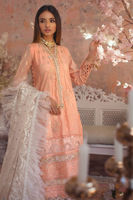 Pakistani Peach Embroidered Cotton Net & Zari Lorex Salwar Kameez (3-Piece) - Image 3