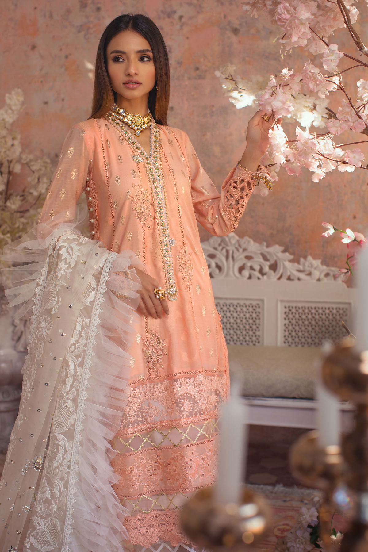Pakistani Peach Embroidered Cotton Net & Zari Lorex Salwar Kameez (3-Piece) - Image 6