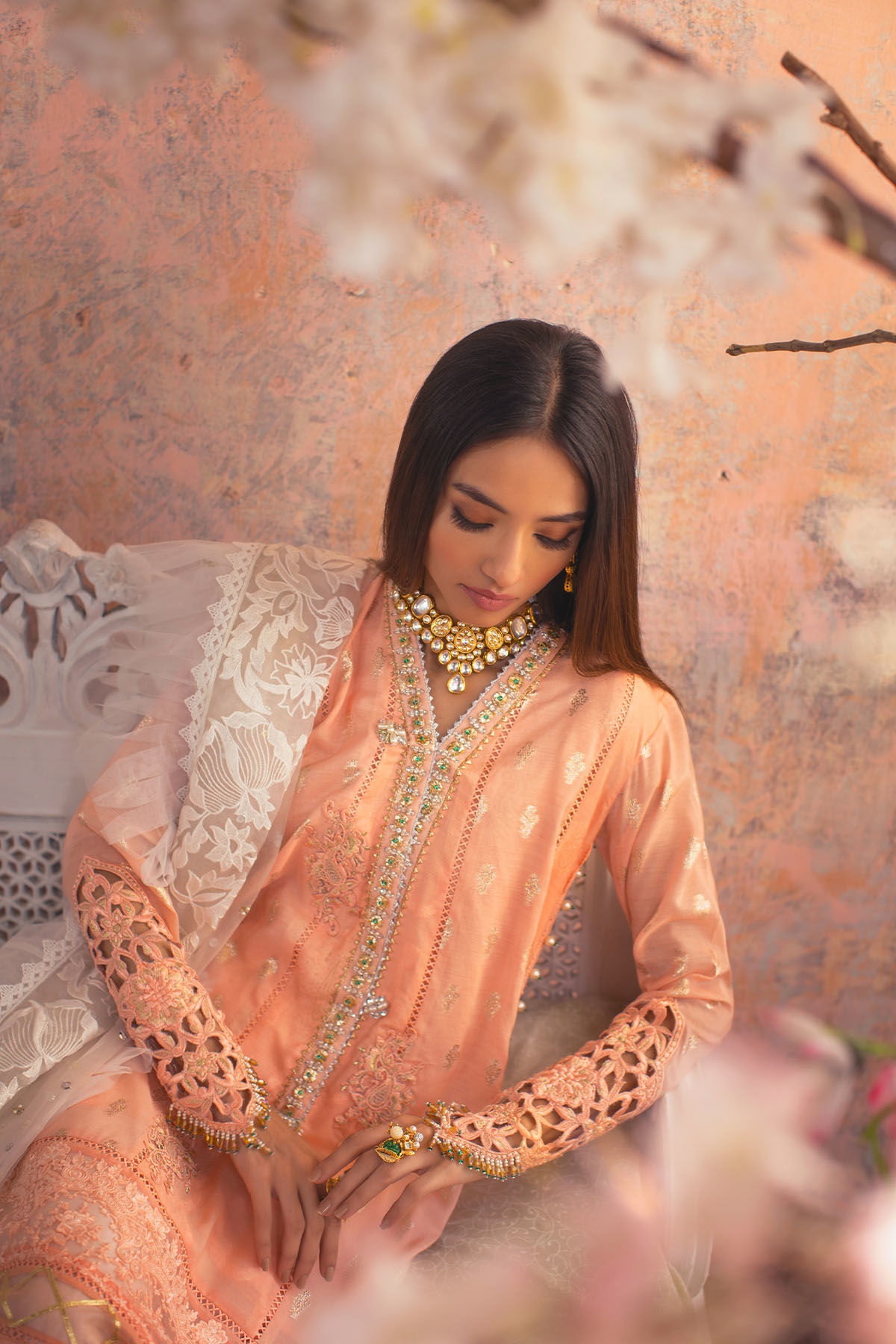 Pakistani Peach Embroidered Cotton Net & Zari Lorex Salwar Kameez (3-Piece) - Image 7