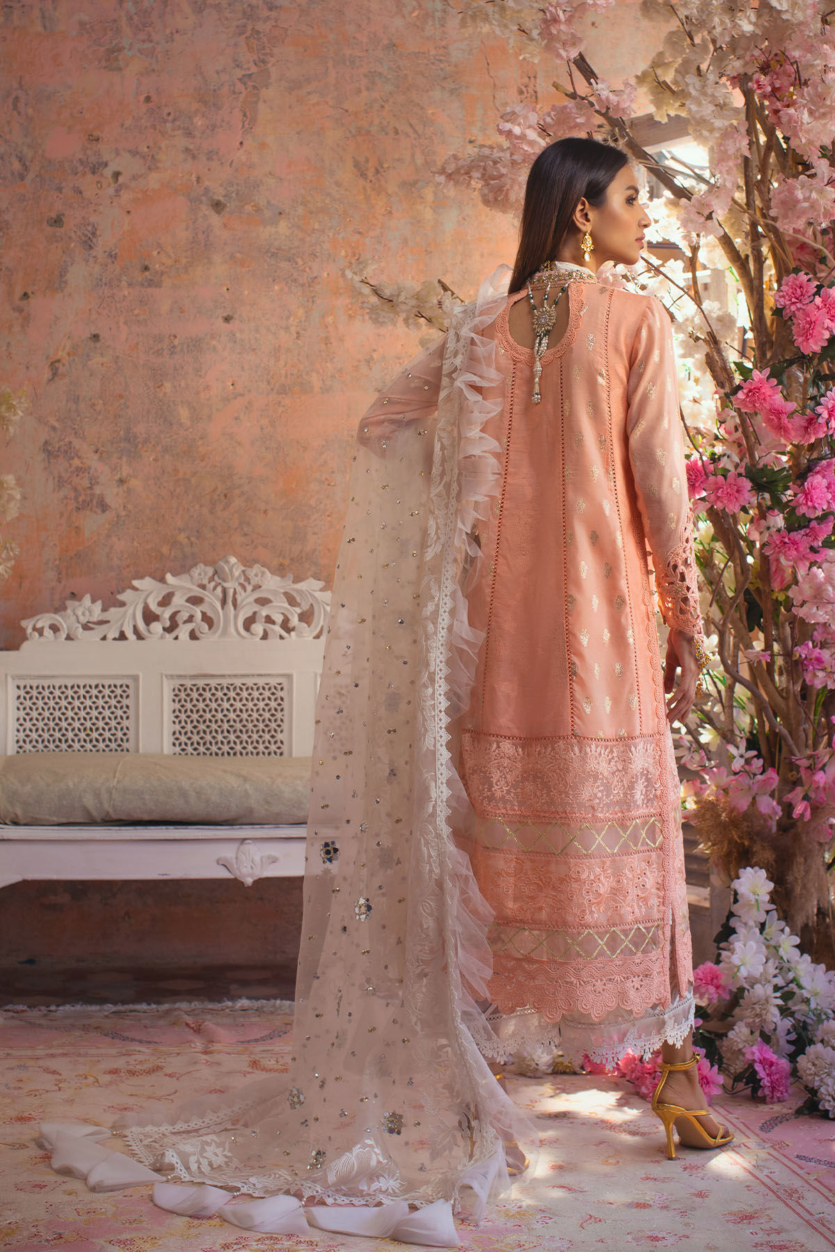Pakistani Peach Embroidered Cotton Net & Zari Lorex Salwar Kameez (3-Piece) - Image 8
