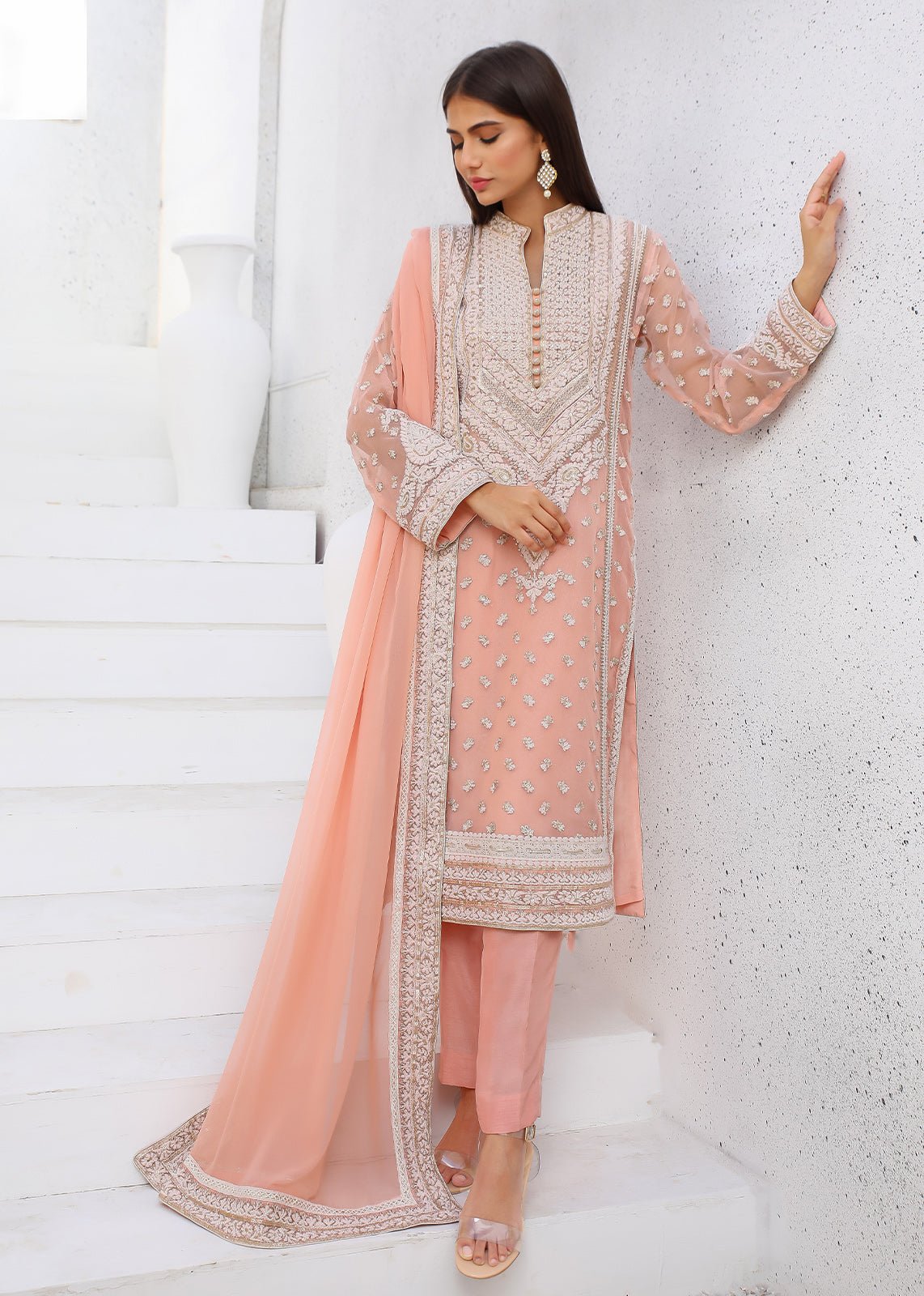 Pakistani Blush Pink Embroidered Cotton Net Kurta (2-Piece) - Image 1