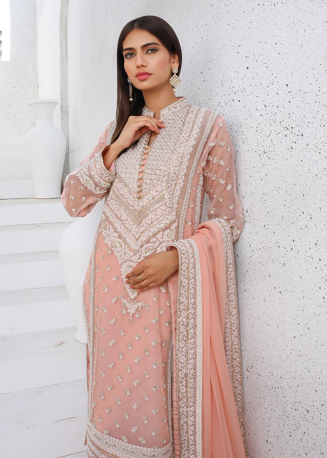 Pakistani Blush Pink Embroidered Cotton Net Kurta (2-Piece) - Image 2