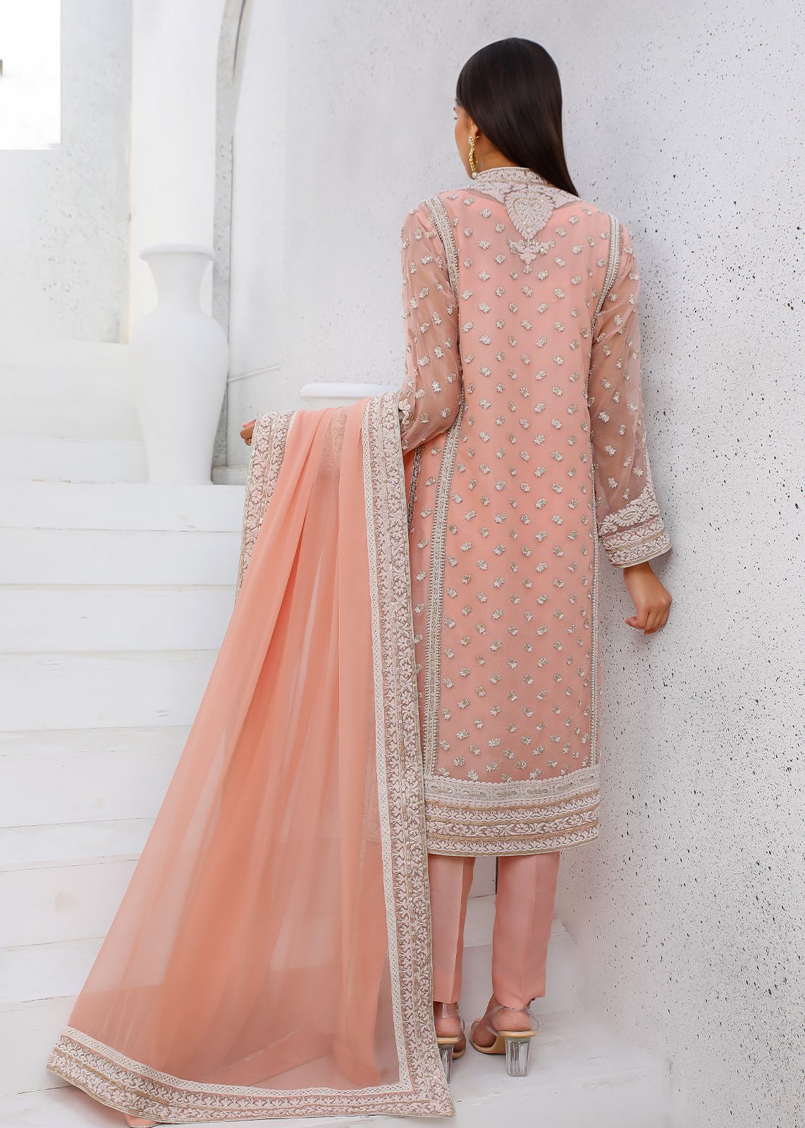 Pakistani Blush Pink Embroidered Cotton Net Kurta (2-Piece) - Image 3
