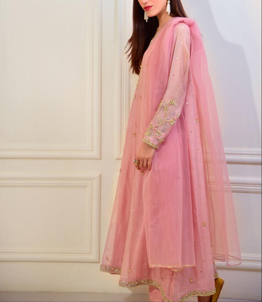 Pink Embroidered Pure Cotton Net Salwar Kameez (3-Piece) - Image 1