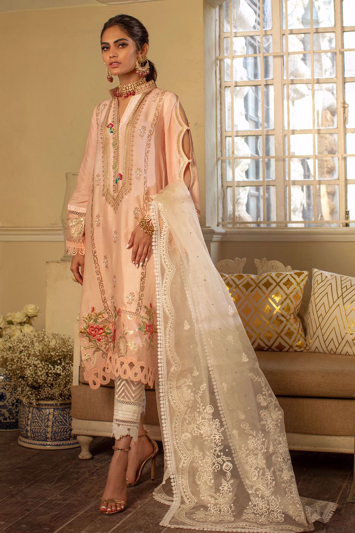 Peach Hand Block Printed Cotton Net Salwar Kameez (3-Piece) - Image 1