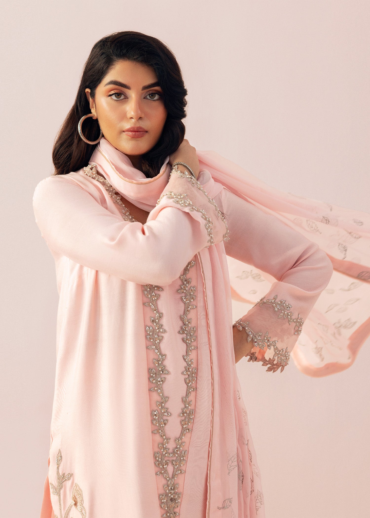 Soft Oyster Pink Hand-Embroidered Cotton Net Salwar Kameez (3-Piece) - Image 4