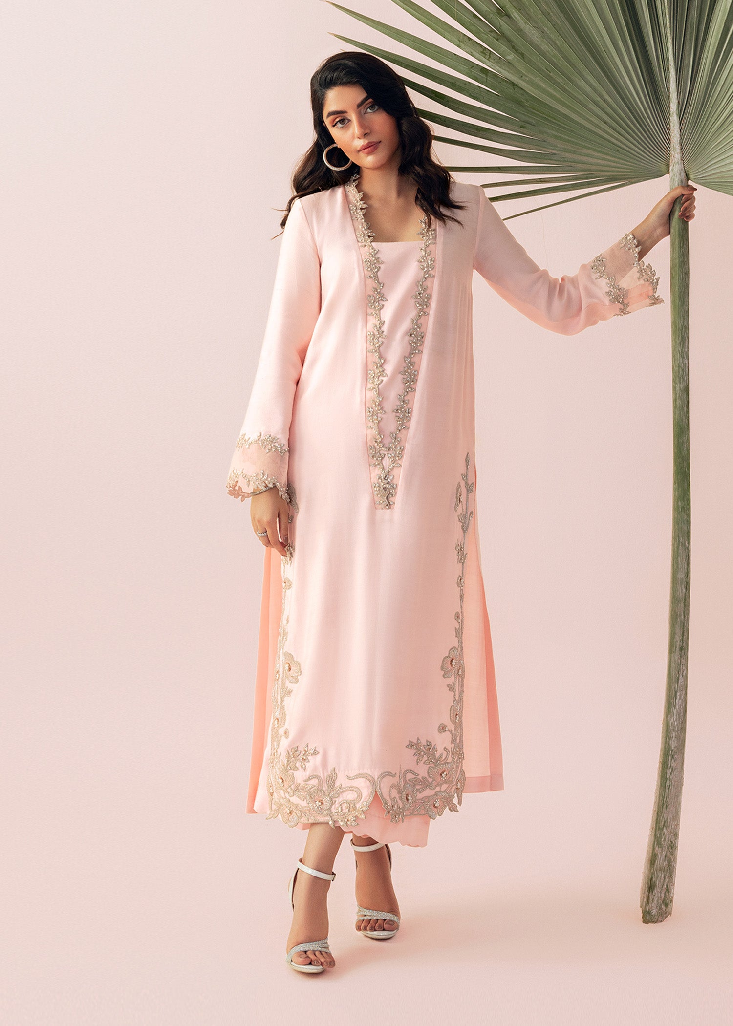 Soft Oyster Pink Hand-Embroidered Cotton Net Salwar Kameez (3-Piece) - Image 7