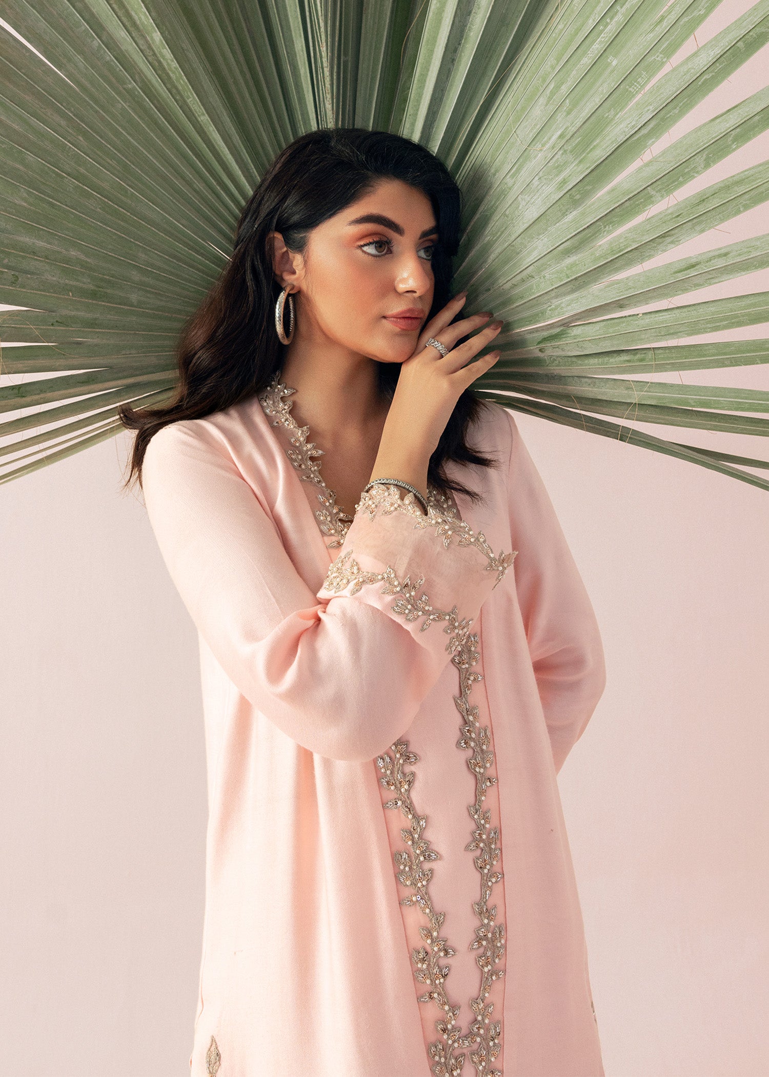 Soft Oyster Pink Hand-Embroidered Cotton Net Salwar Kameez (3-Piece) - Image 8