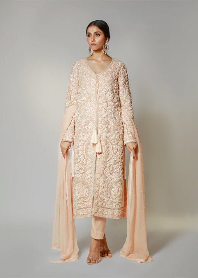 Blush Pink Embroidered Cotton Net Salwar Kameez (3-Piece) - Image 1