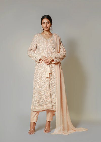 Blush Pink Embroidered Cotton Net Salwar Kameez (3-Piece) - Image 2