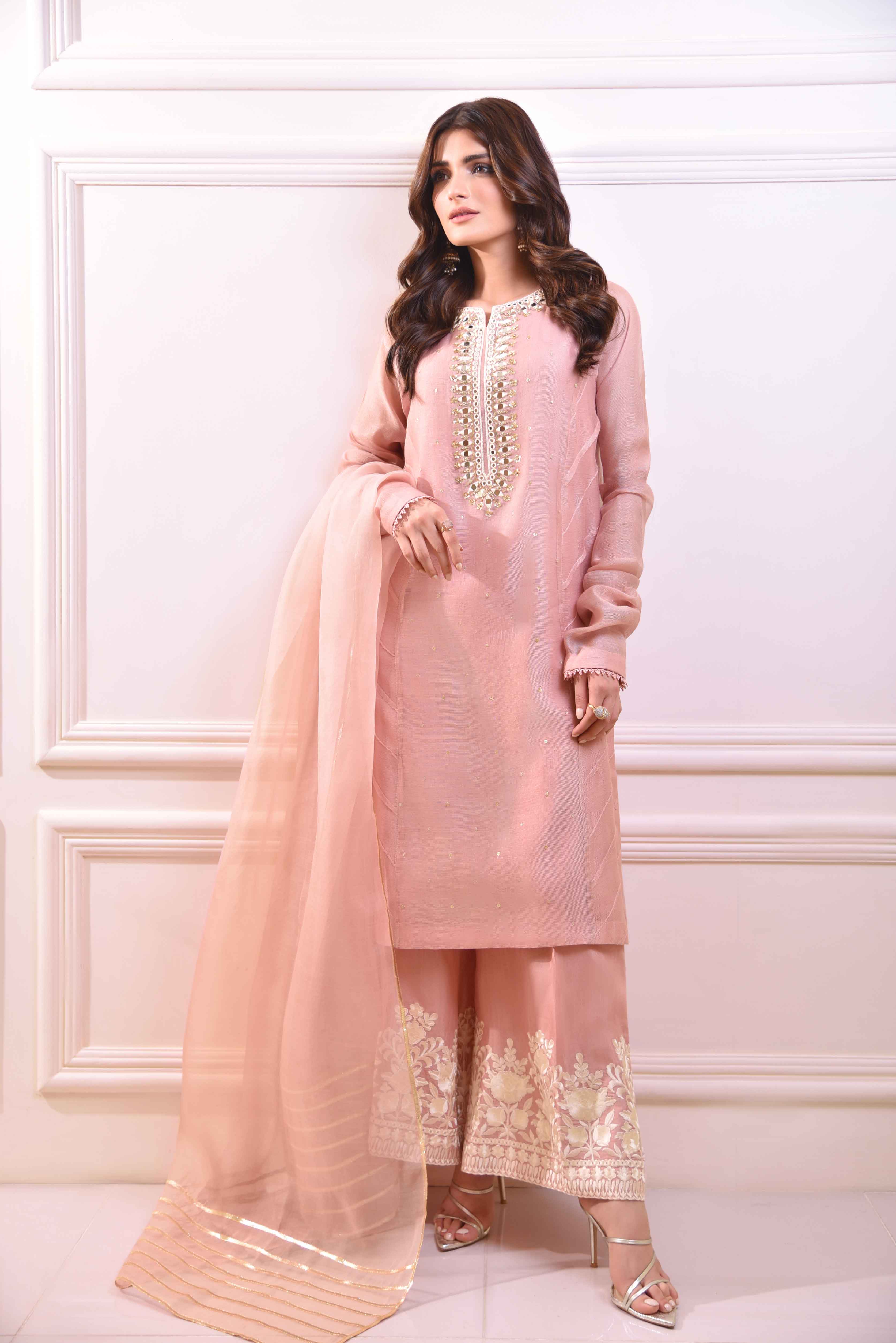 Blush Pink Sheesha & Gota Cotton Net Kurta Set (3-Piece) - Image 1