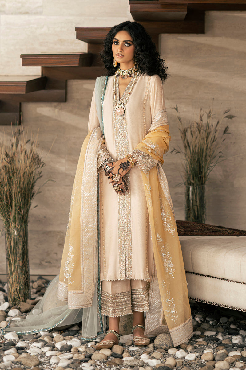 Pakistani Shell Pink & Yellow Embroidered Cotton Net Salwar Kameez (3-Piece) - Image 1