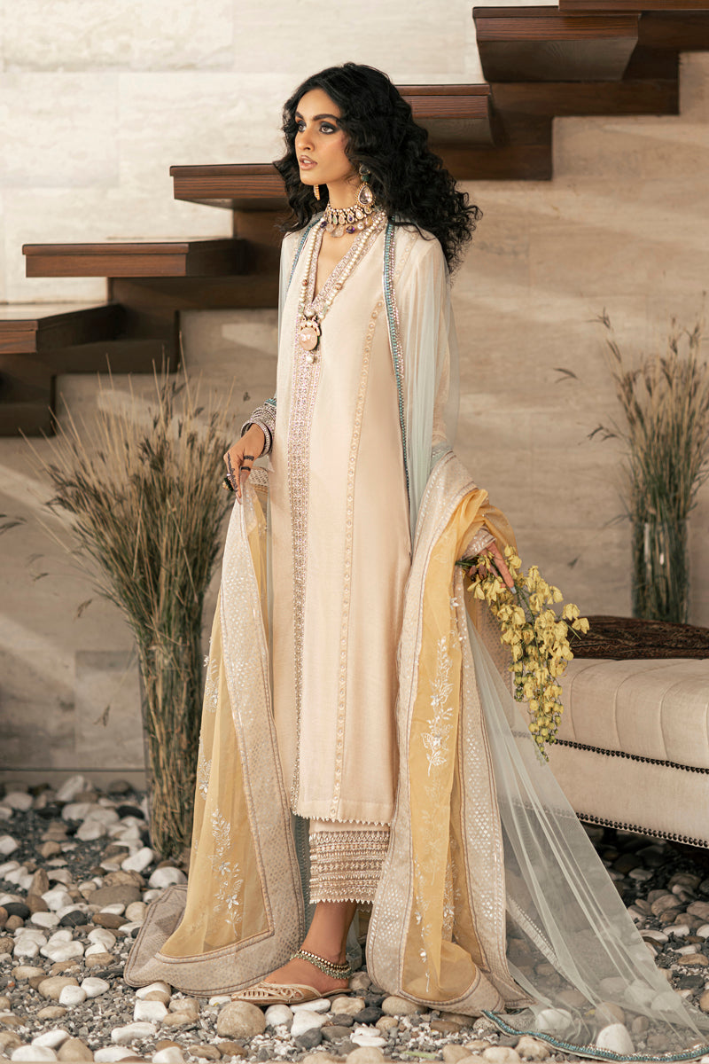 Pakistani Shell Pink & Yellow Embroidered Cotton Net Salwar Kameez (3-Piece) - Image 2