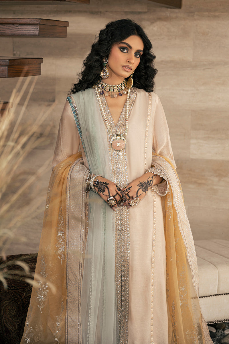 Pakistani Shell Pink & Yellow Embroidered Cotton Net Salwar Kameez (3-Piece) - Image 3