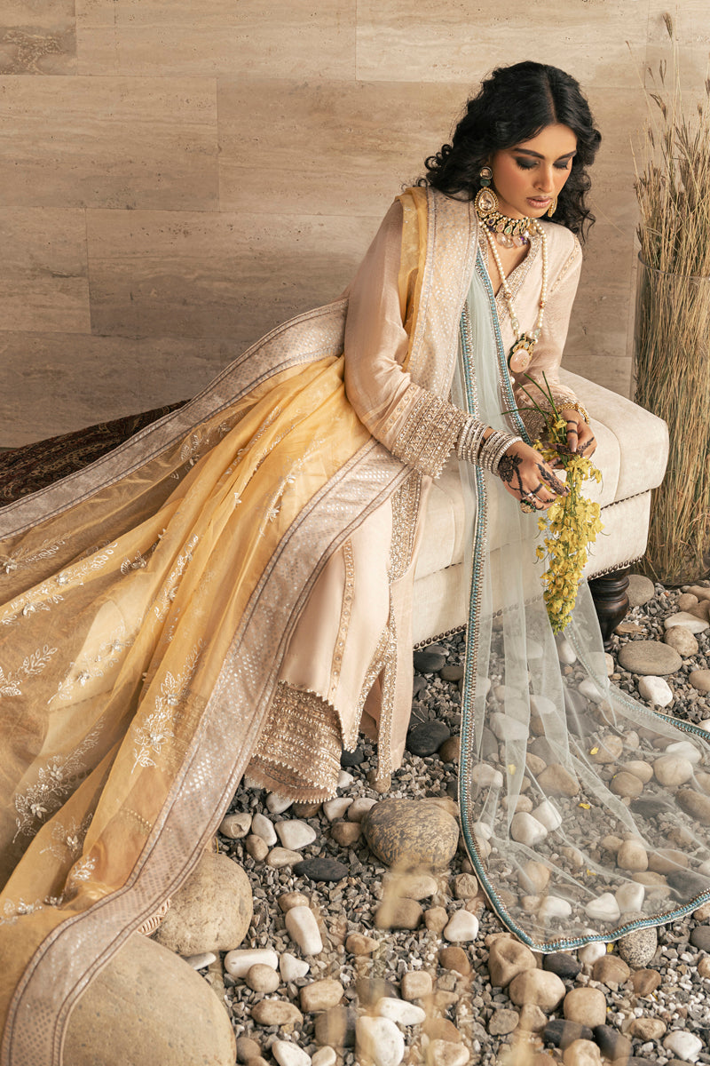 Pakistani Shell Pink & Yellow Embroidered Cotton Net Salwar Kameez (3-Piece) - Image 4