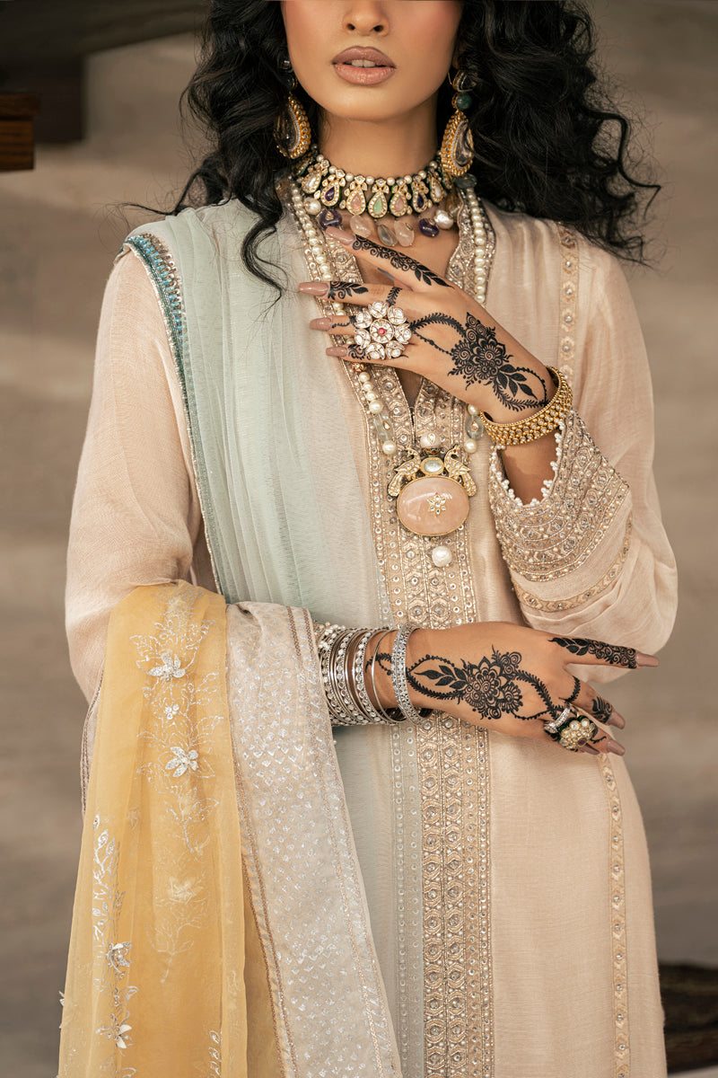 Pakistani Shell Pink & Yellow Embroidered Cotton Net Salwar Kameez (3-Piece) - Image 5