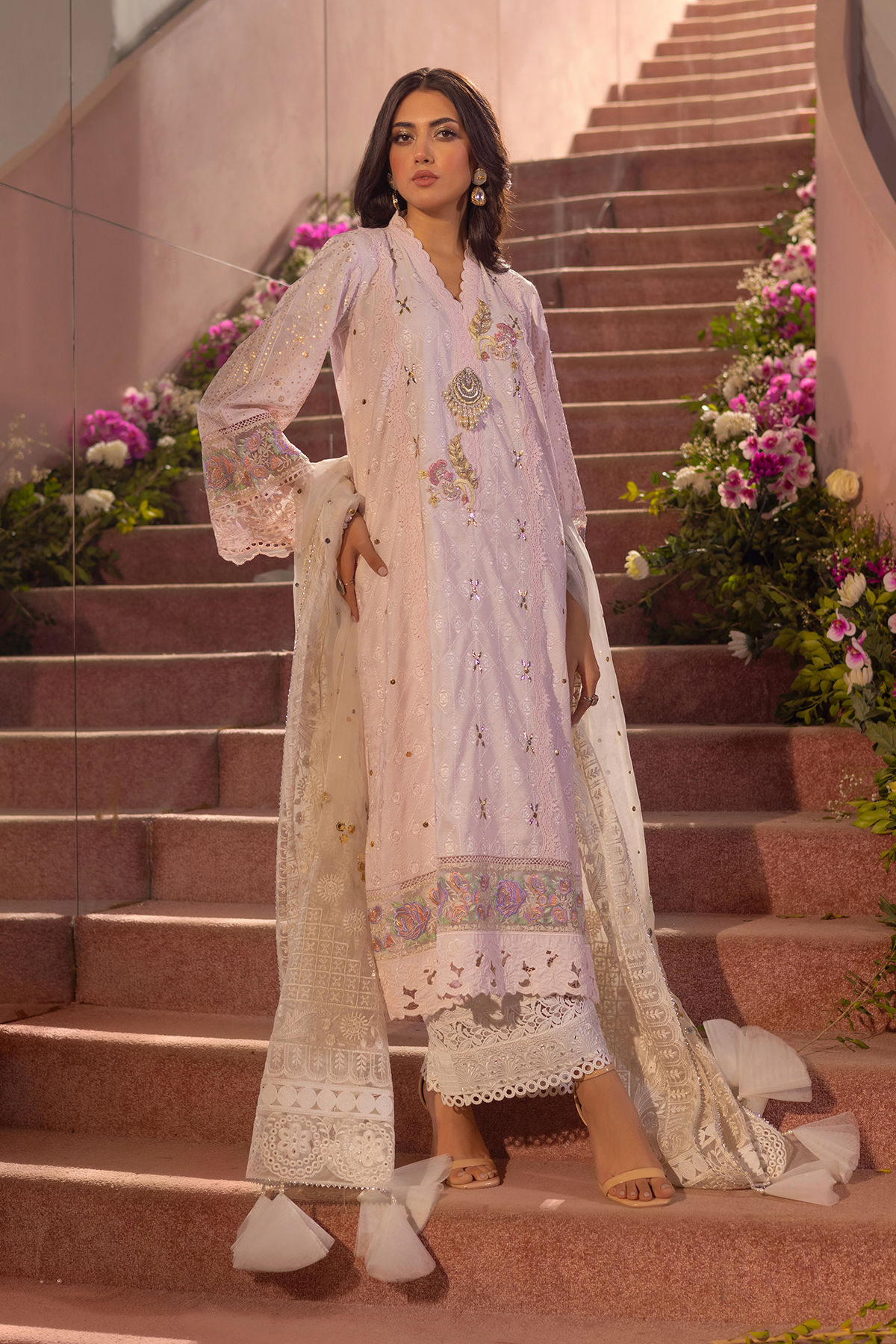 Pakistani Pink Kaamdani Zardozi Cotton Net Salwar Kameez (3-Piece) - Image 1