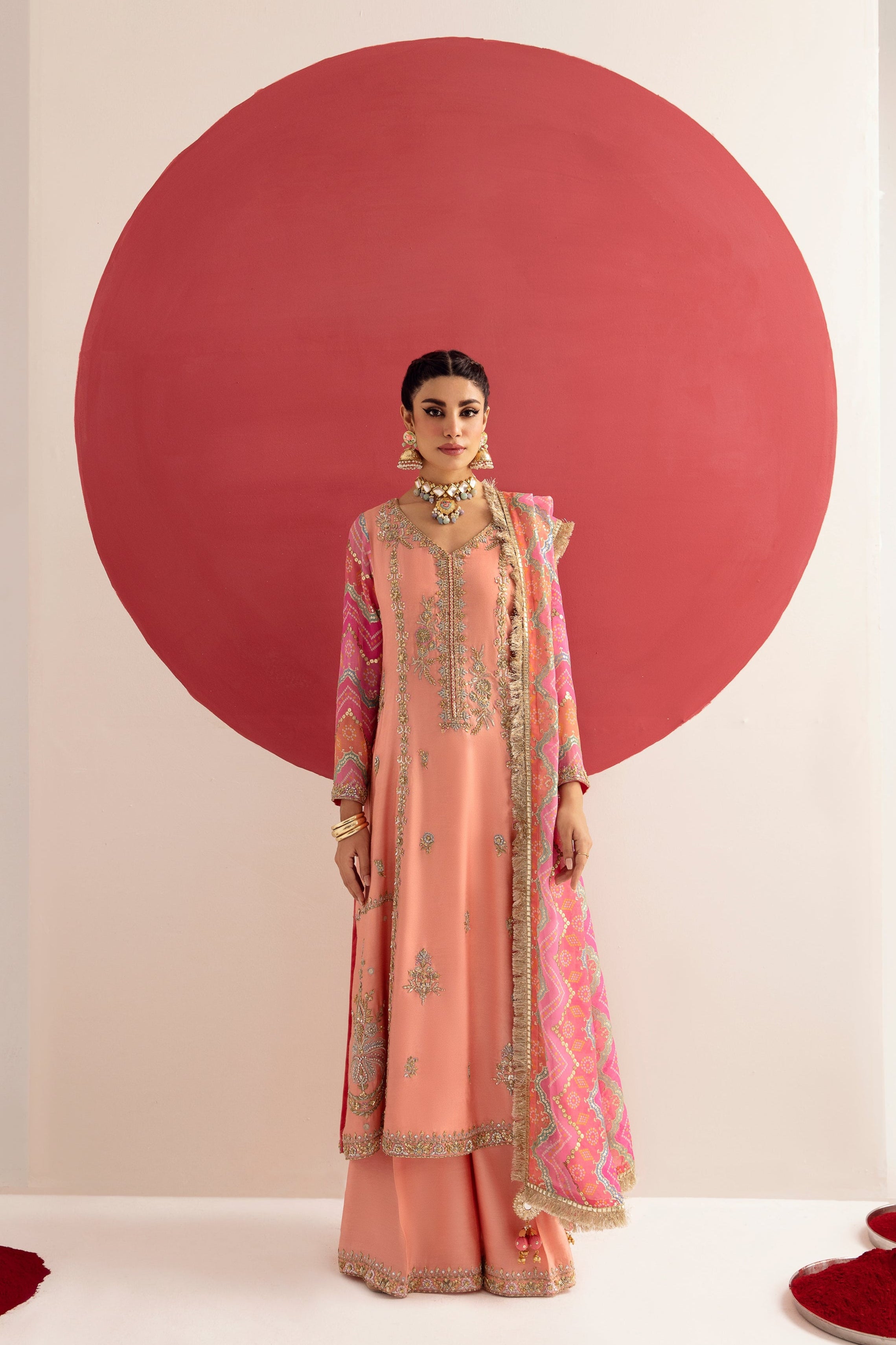 Pakistani Peach Sugar Coral Zardozi Cotton Silk Salwar Kameez (3-Piece) - Image 1
