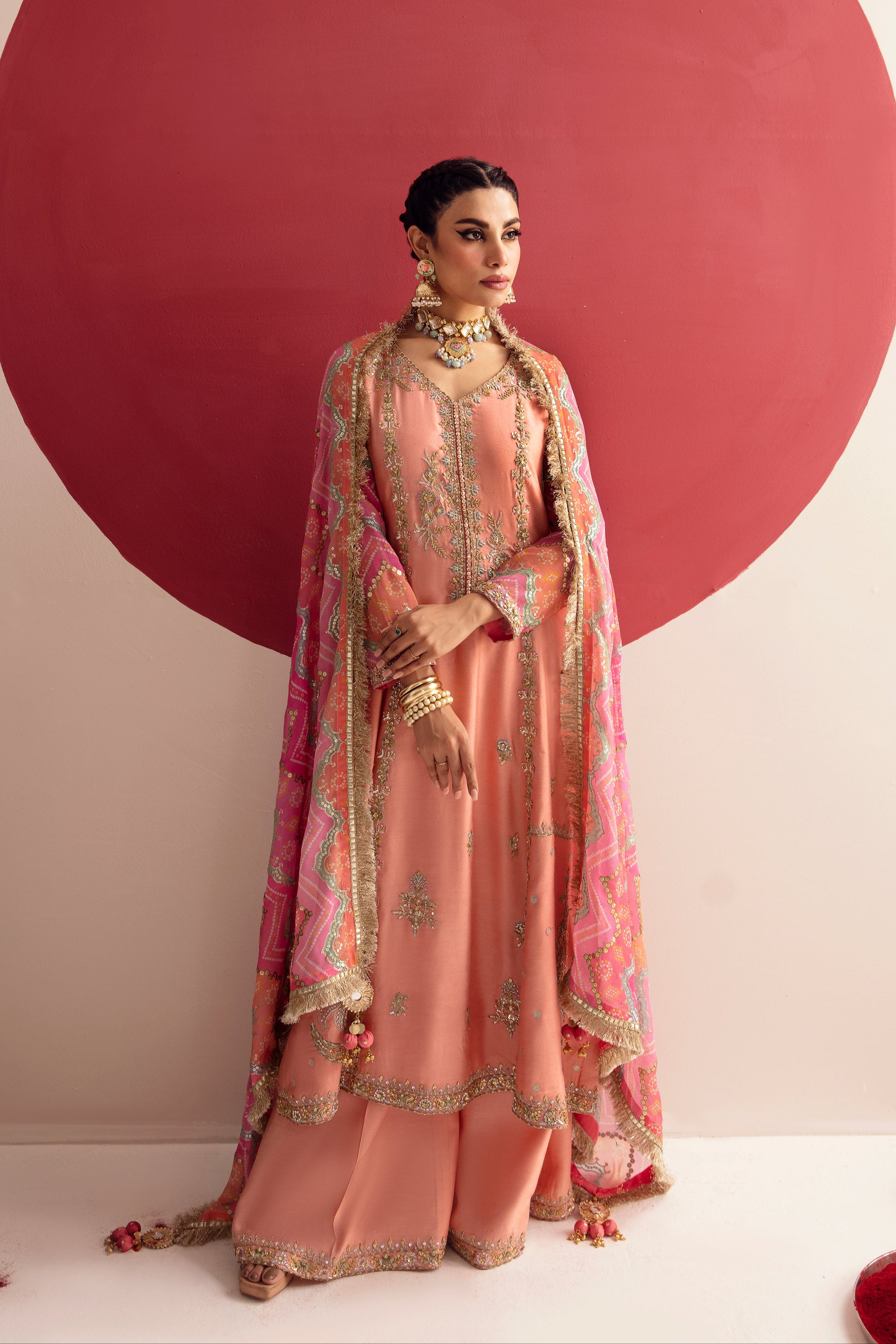Pakistani Peach Sugar Coral Zardozi Cotton Silk Salwar Kameez (3-Piece) - Image 3