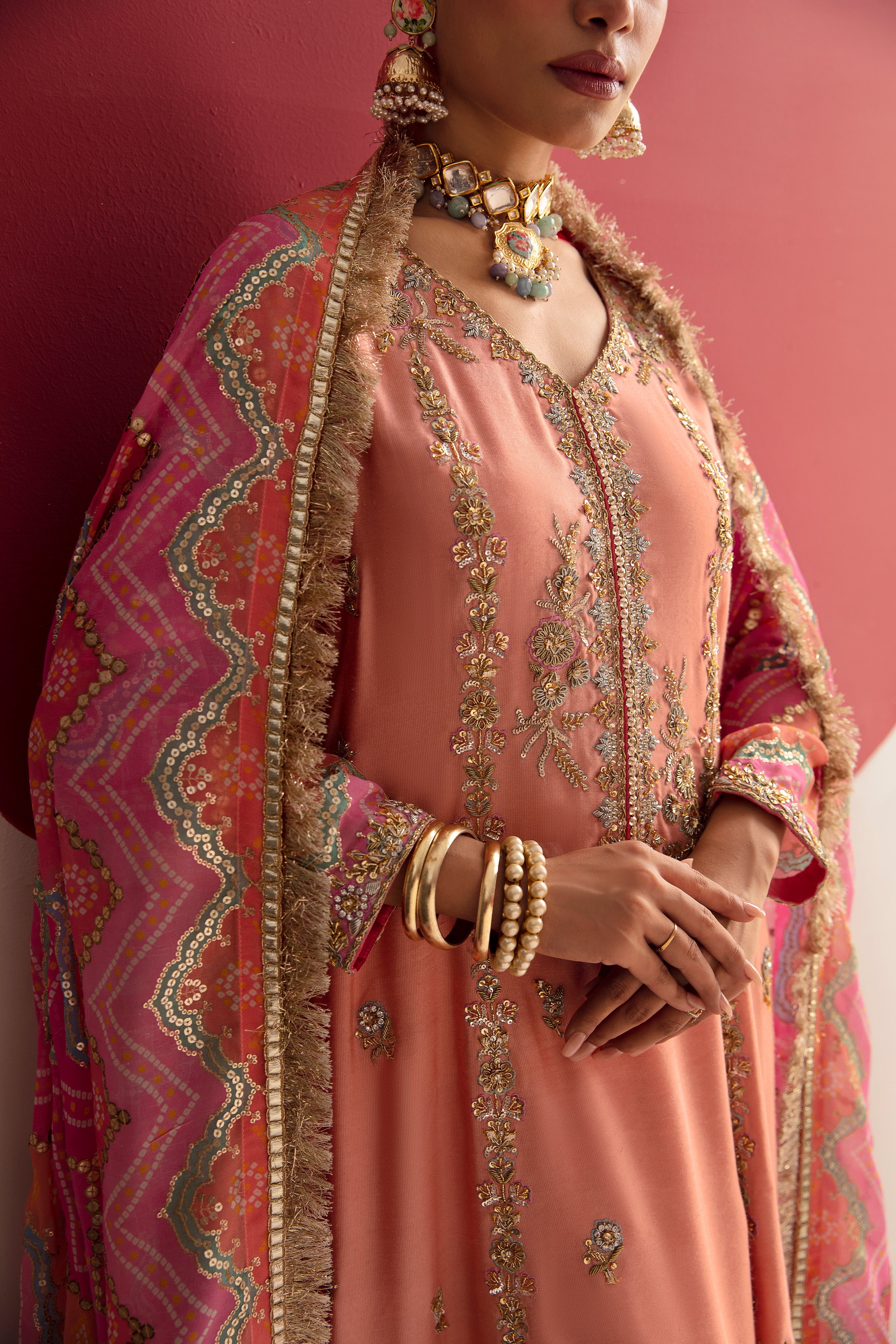 Pakistani Peach Sugar Coral Zardozi Cotton Silk Salwar Kameez (3-Piece) - Image 4