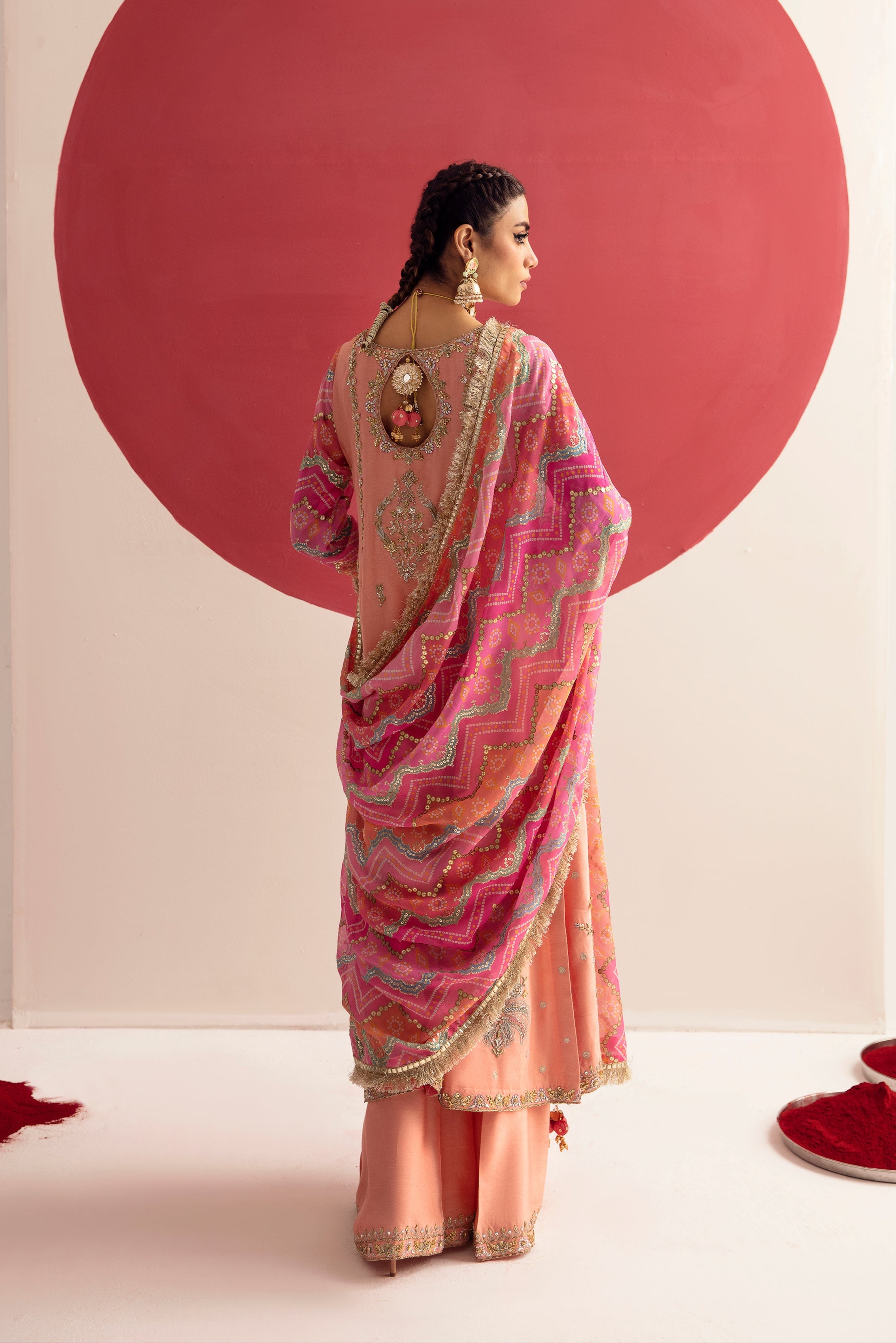 Pakistani Peach Sugar Coral Zardozi Cotton Silk Salwar Kameez (3-Piece) - Image 5