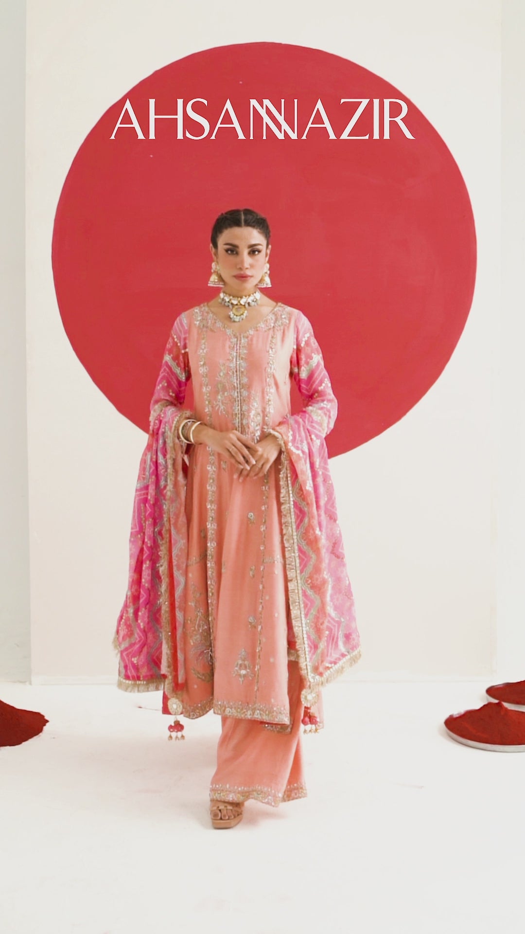 Pakistani Peach Sugar Coral Zardozi Cotton Silk Salwar Kameez (3-Piece) - Image 6