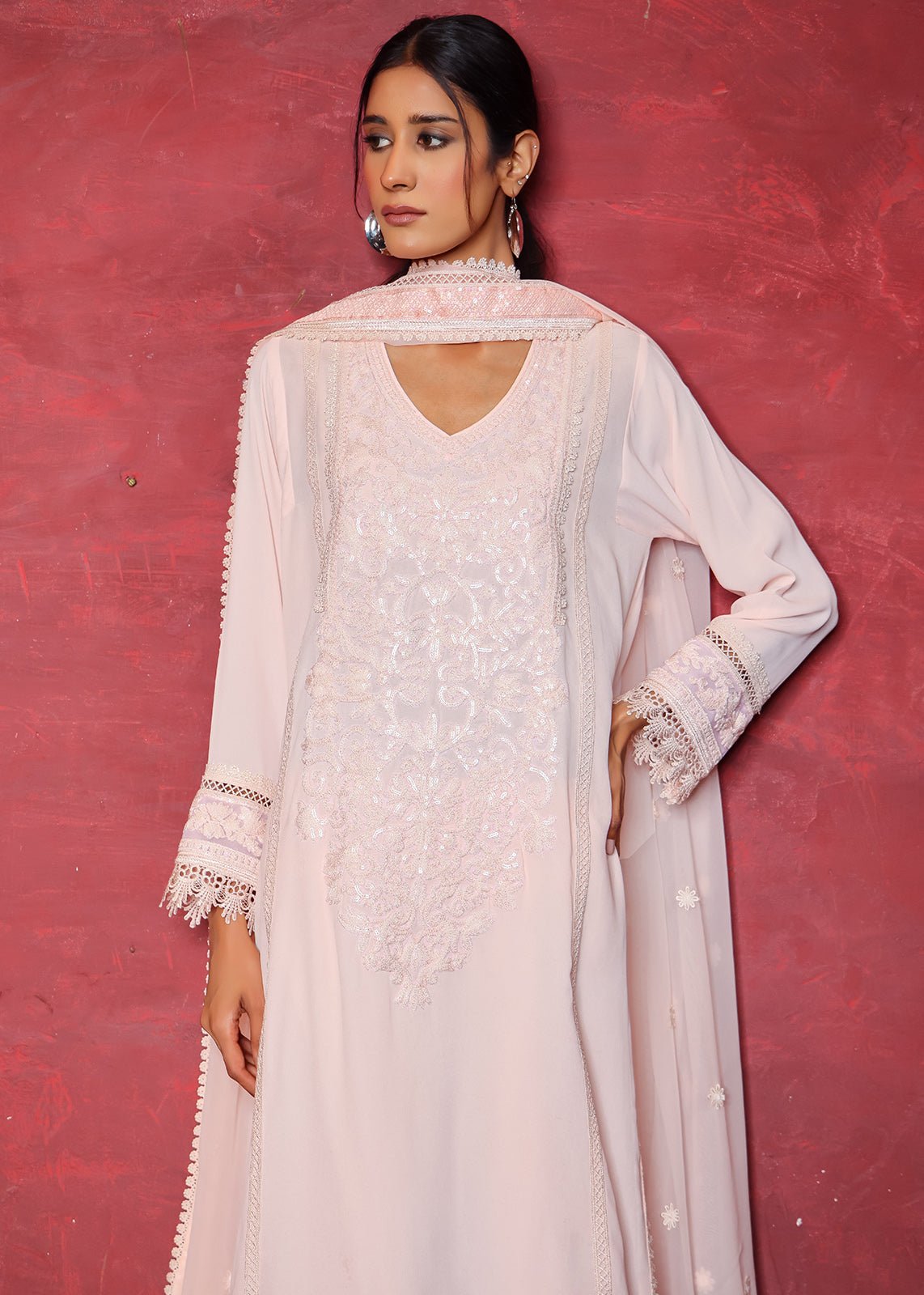 Pakistani Soft Pink Embroidered Crepe Salwar Kameez (3-Piece) - Image 3