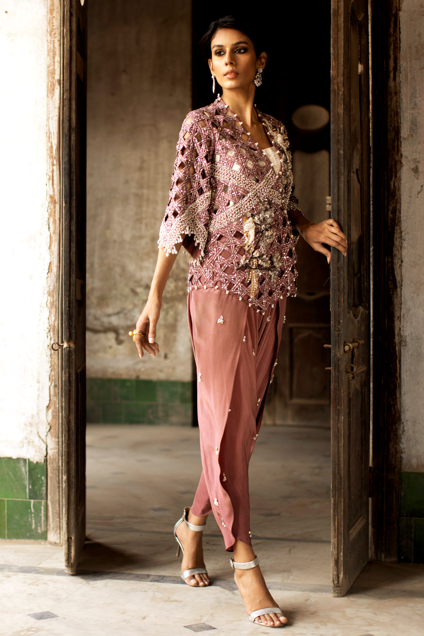 Pakistani Dusty Pink Zardozi Crepe Silk Jacket Set (2-Piece) - Image 2