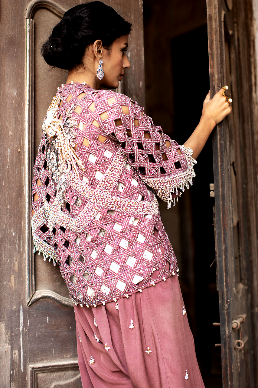 Pakistani Dusty Pink Zardozi Crepe Silk Jacket Set (2-Piece) - Image 3