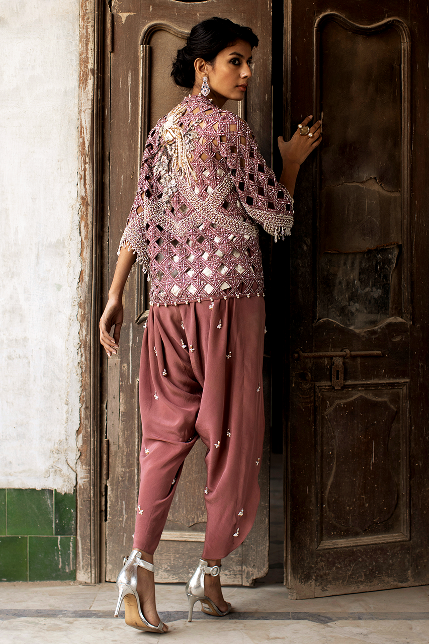 Pakistani Dusty Pink Zardozi Crepe Silk Jacket Set (2-Piece) - Image 4