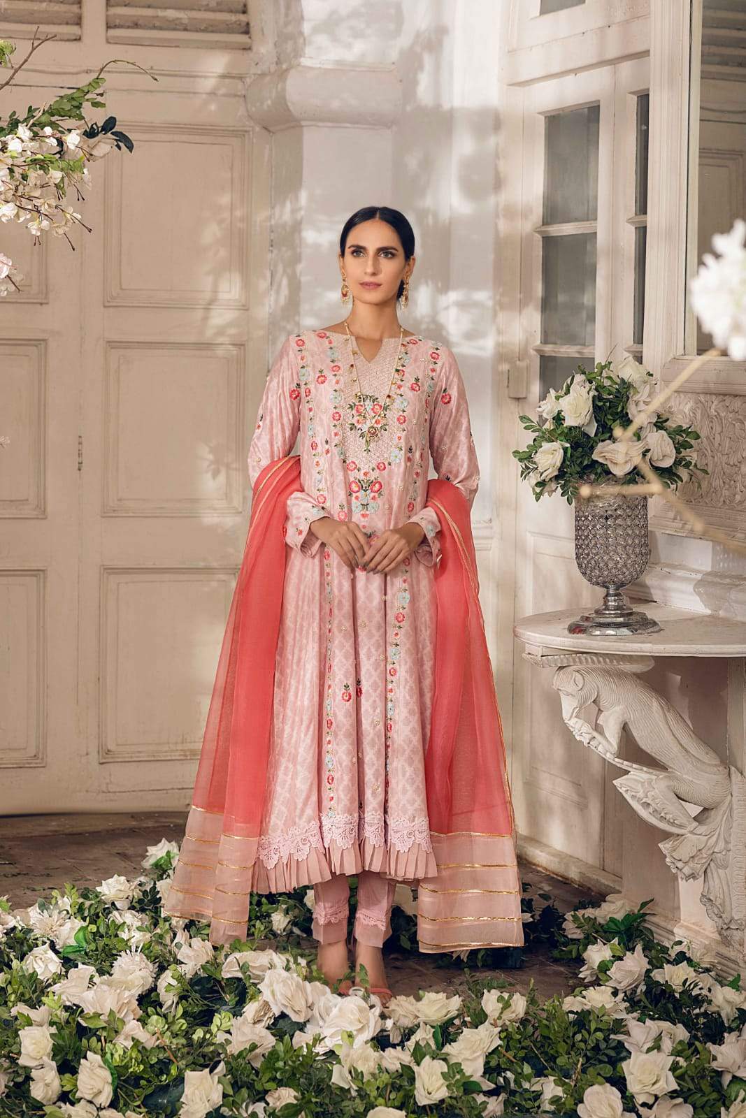 Tea Pink Embroidered Embossed Net Long Dress (3-Piece) - Image 1