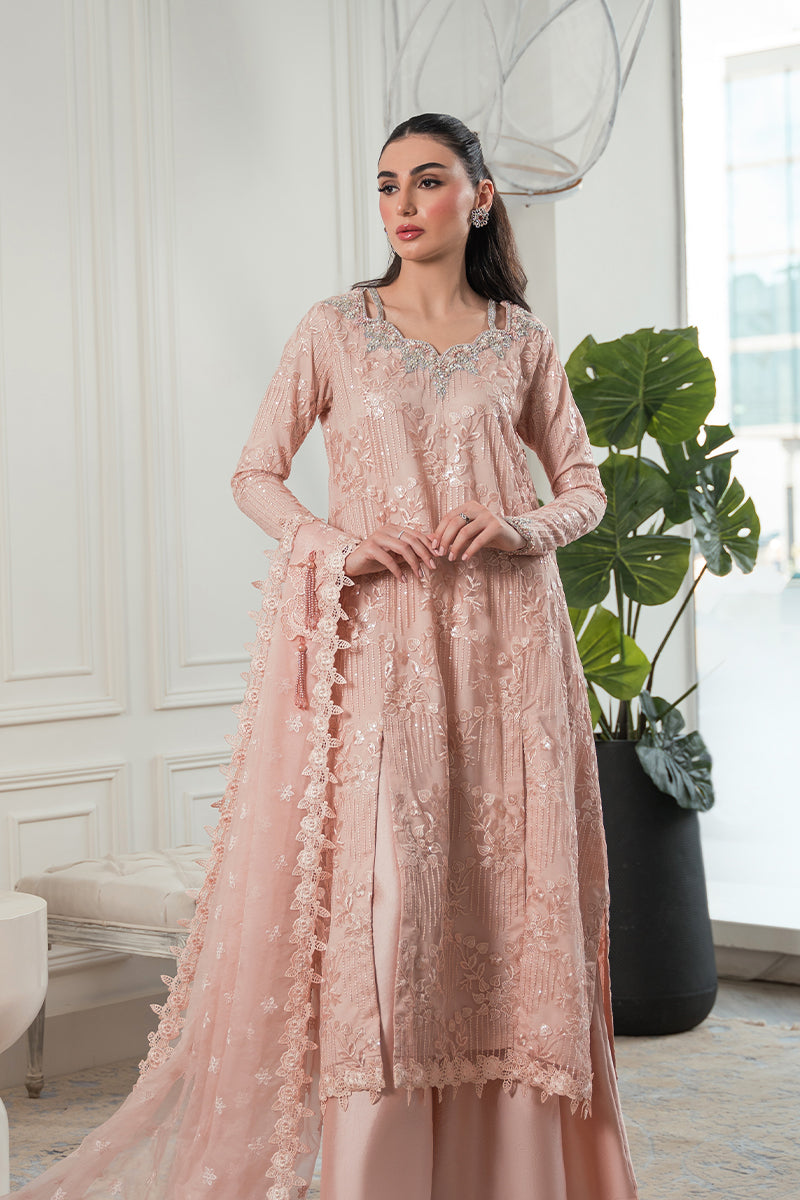 Blush Pink Embroidered Net Sequin Salwar Kameez (3-Piece) - Image 2