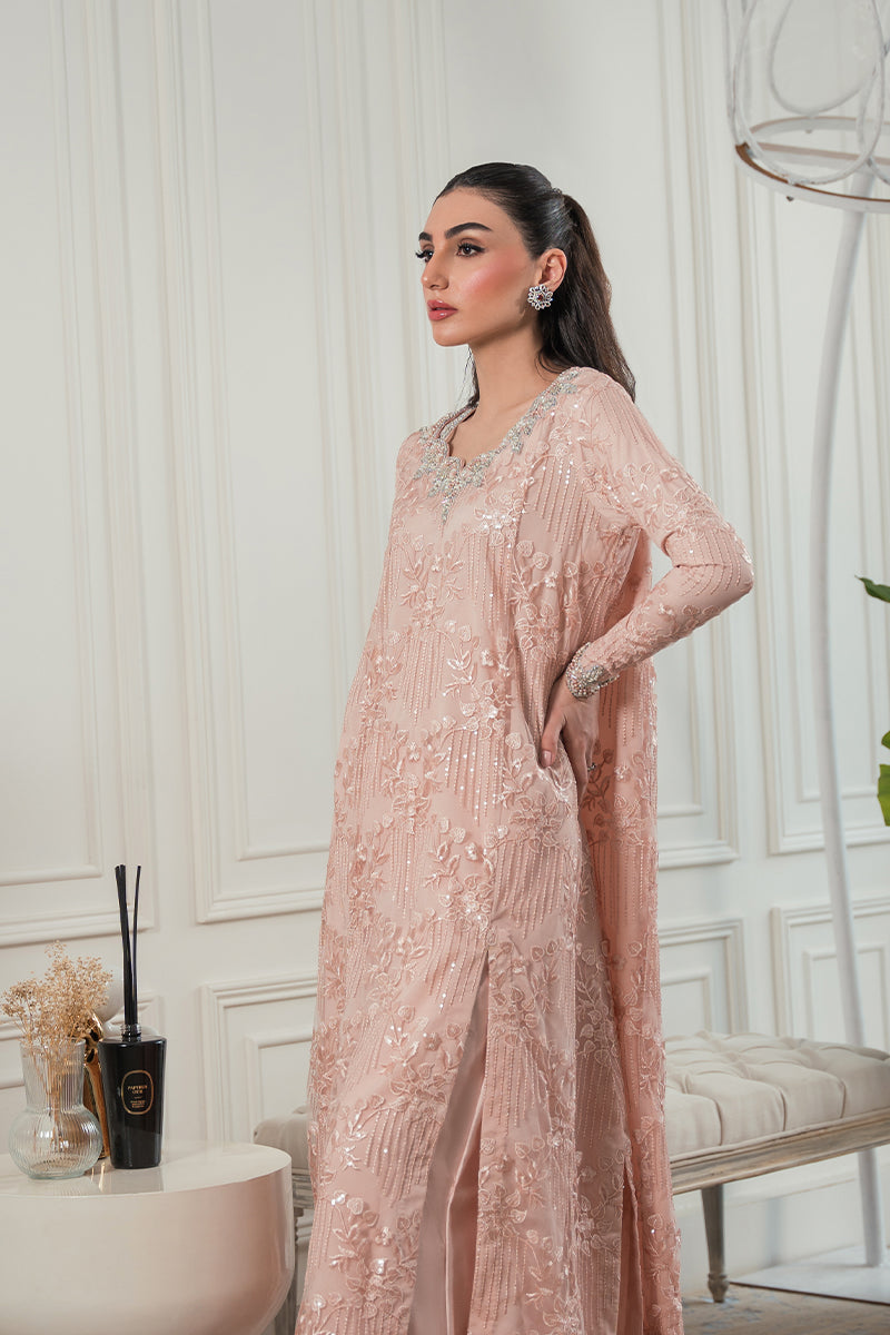 Pakistani Blush Pink Embroidered Net Sequin Salwar Kameez (3-Piece) - Image 3
