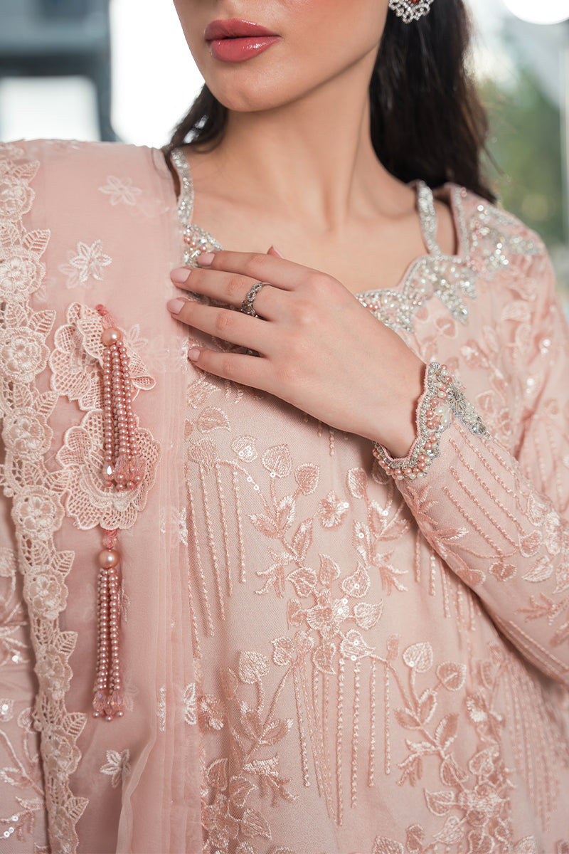 Pakistani Blush Pink Embroidered Net Sequin Salwar Kameez (3-Piece) - Image 4