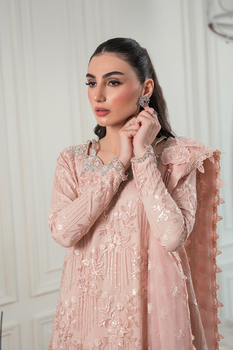 Pakistani Blush Pink Embroidered Net Sequin Salwar Kameez (3-Piece) - Image 6