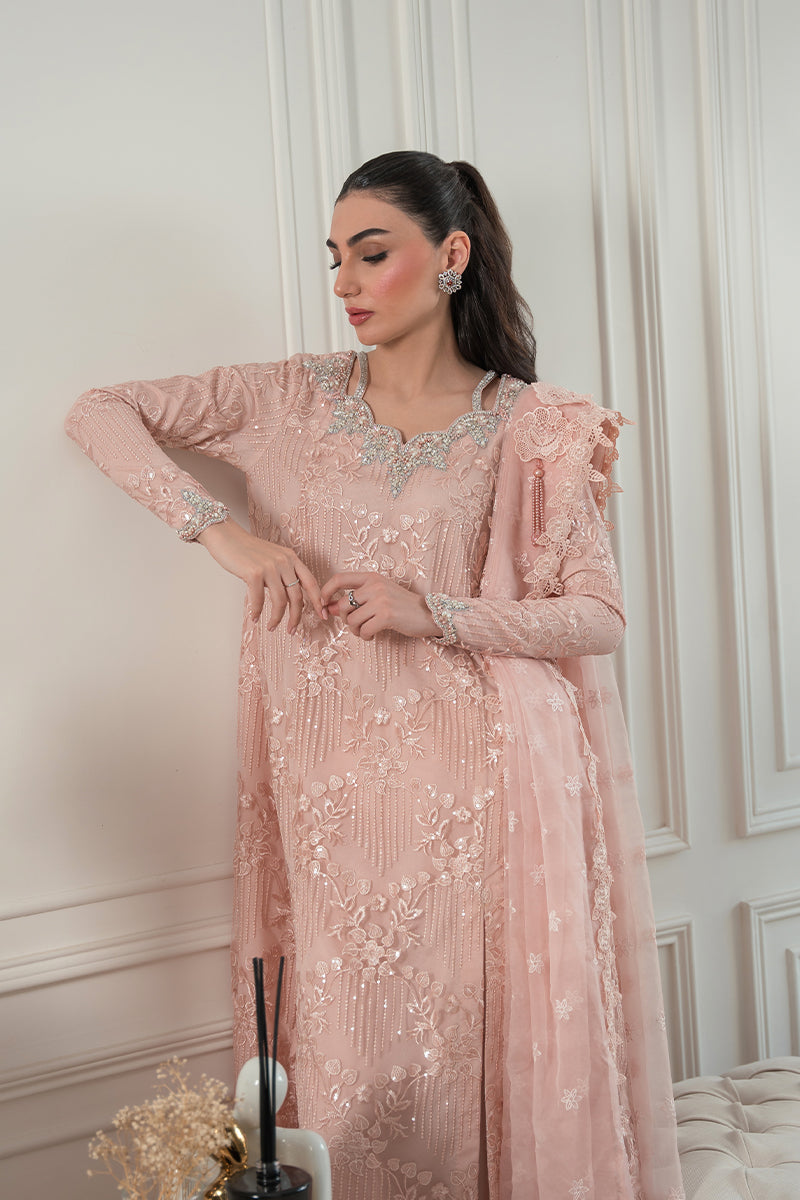 Pakistani Blush Pink Embroidered Net Sequin Salwar Kameez (3-Piece) - Image 7