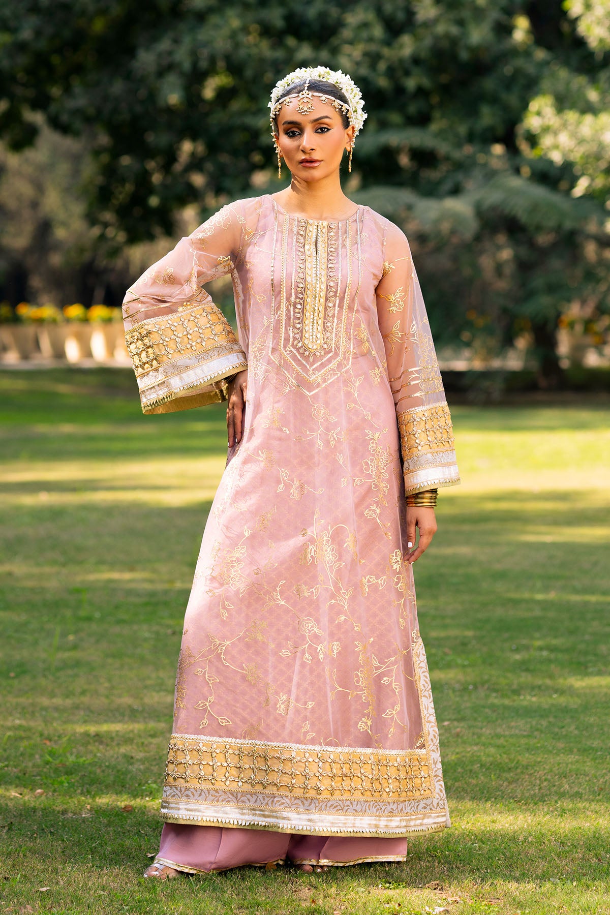 Pakistani Soft Pink Gota & Foil Printed French Net Salwar Kameez (2-Piece) - Image 1