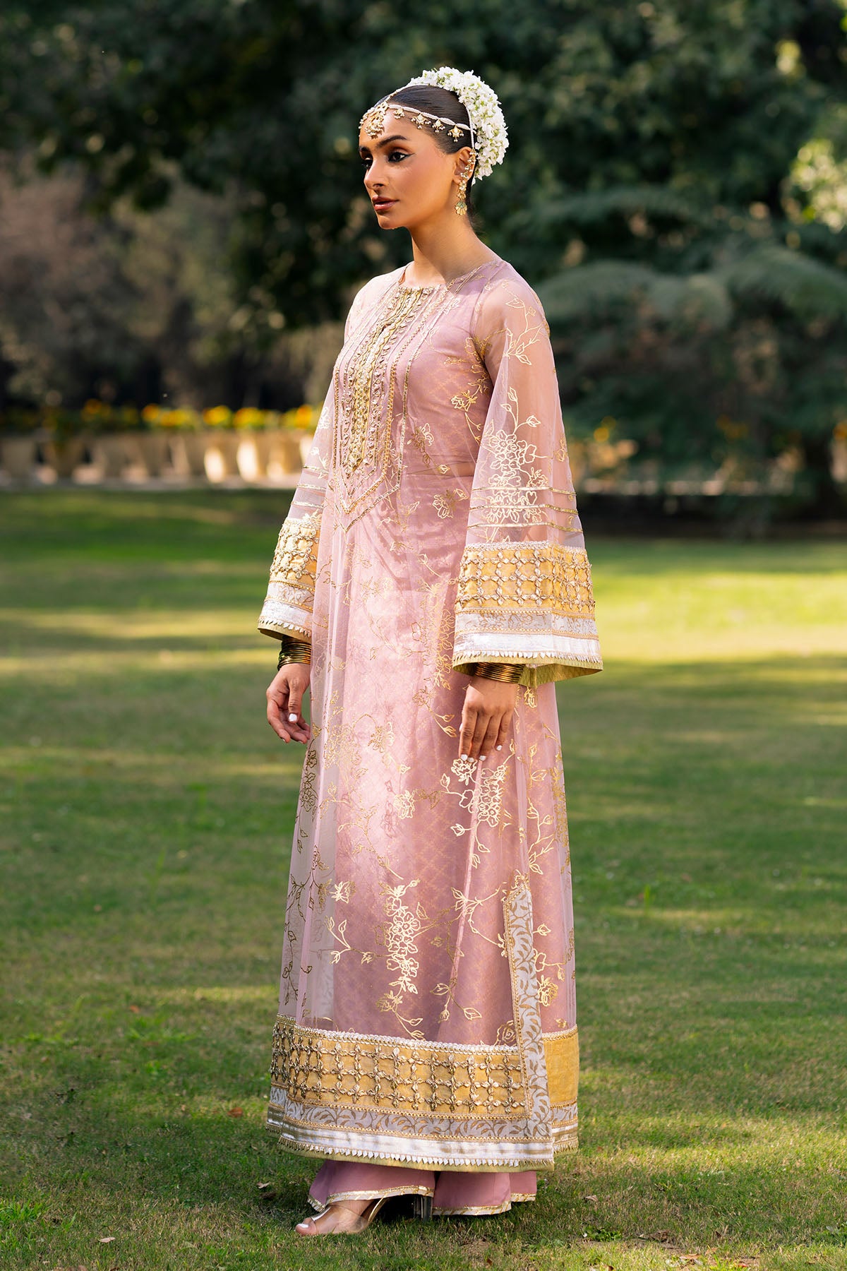 Pakistani Soft Pink Gota & Foil Printed French Net Salwar Kameez (2-Piece) - Image 2