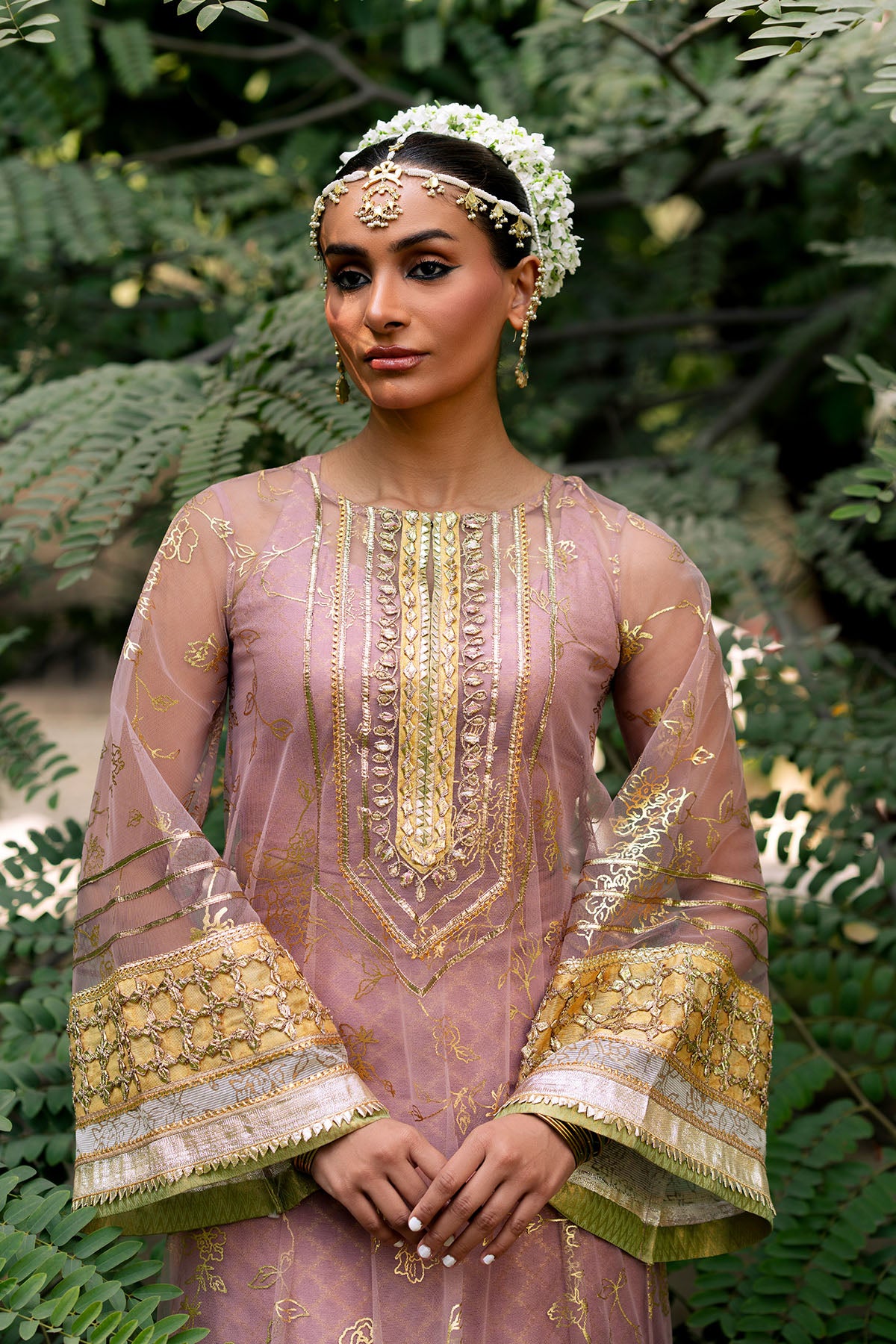 Pakistani Soft Pink Gota & Foil Printed French Net Salwar Kameez (2-Piece) - Image 4