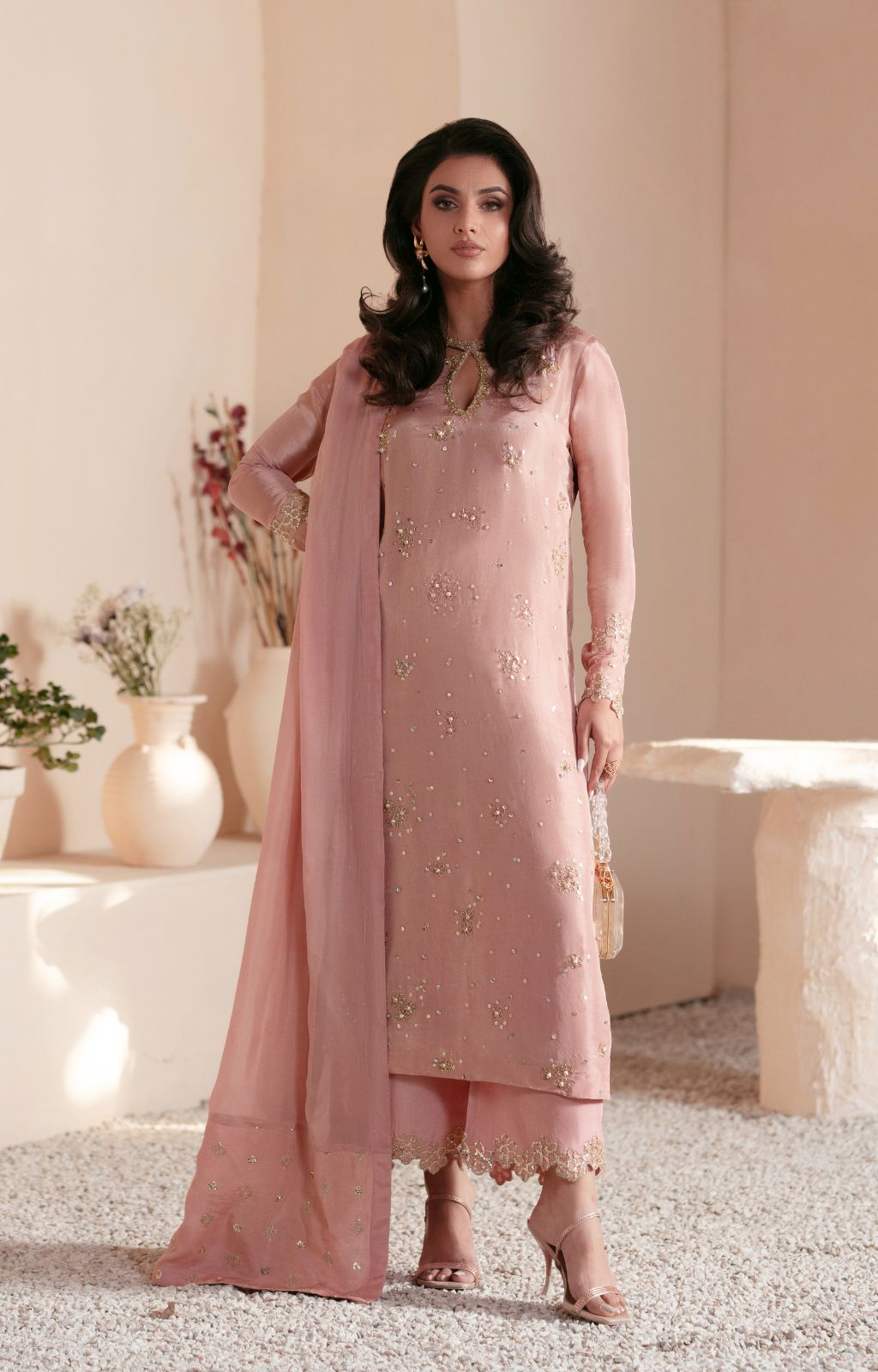 Pakistani Tea Pink Embellished Georgette Salwar Kameez (3-Piece) - Image 1