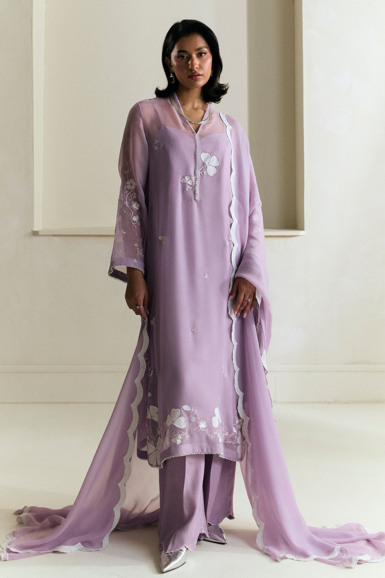 Pakistani Soft Lilac Embroidered Georgette Chiffon Salwar Kameez (3-Piece) - Image 1