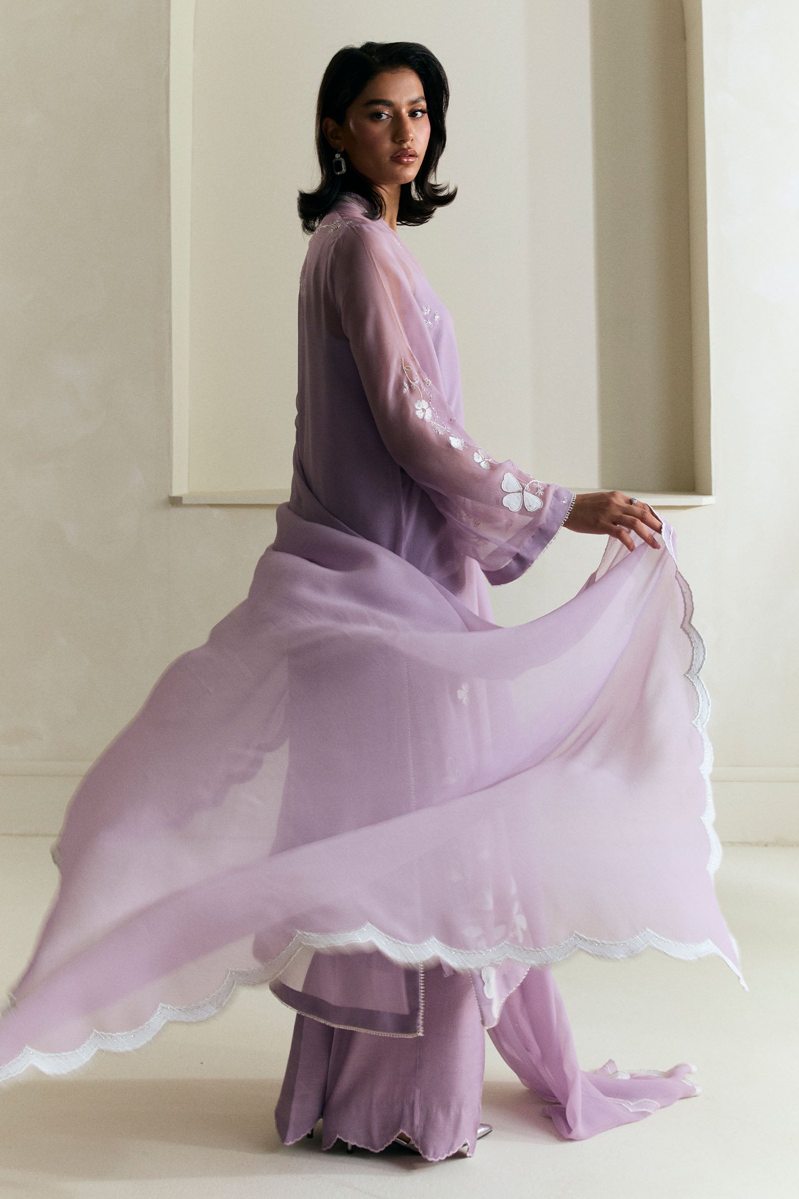 Pakistani Soft Lilac Embroidered Georgette Chiffon Salwar Kameez (3-Piece) - Image 2