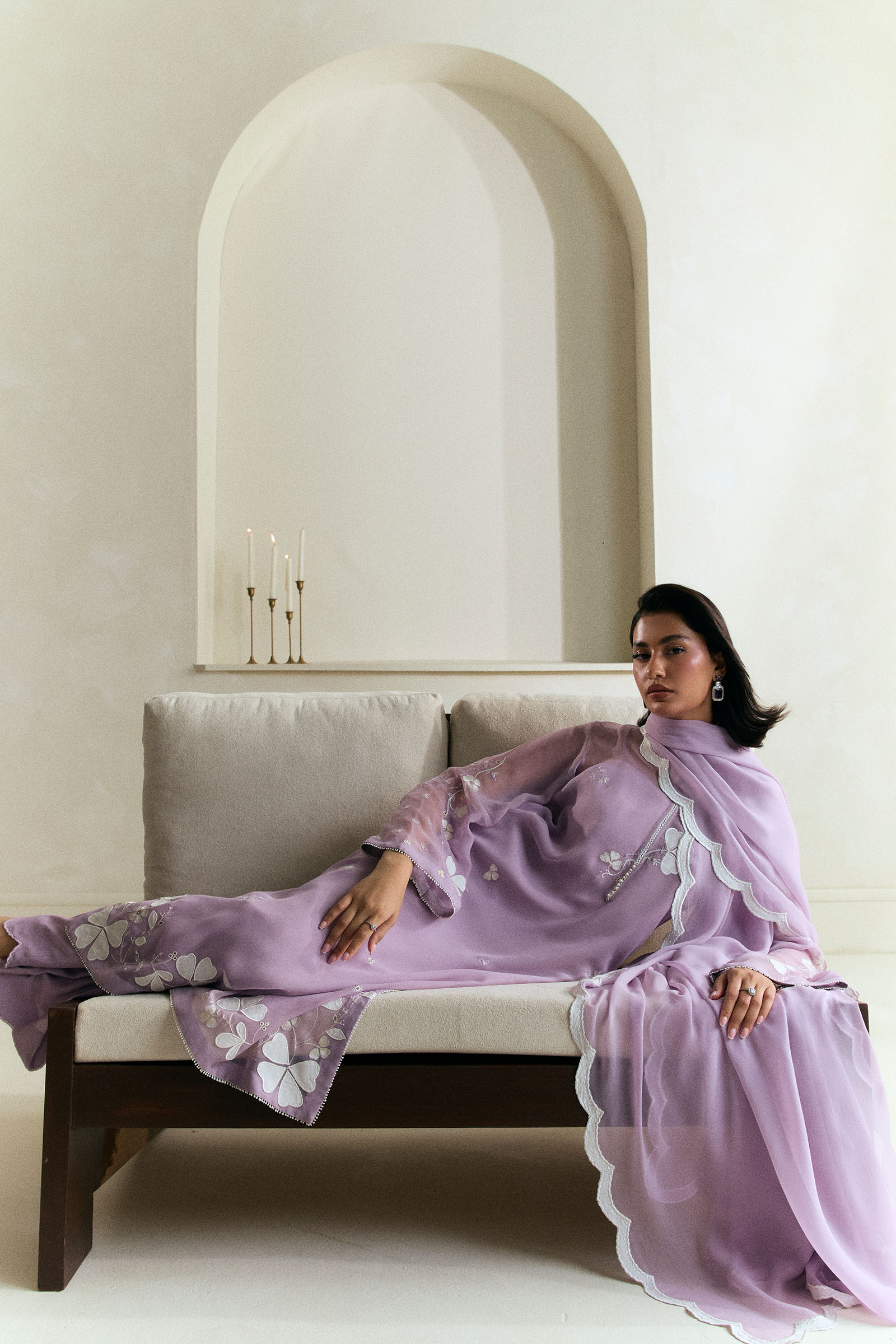 Pakistani Soft Lilac Embroidered Georgette Chiffon Salwar Kameez (3-Piece) - Image 4