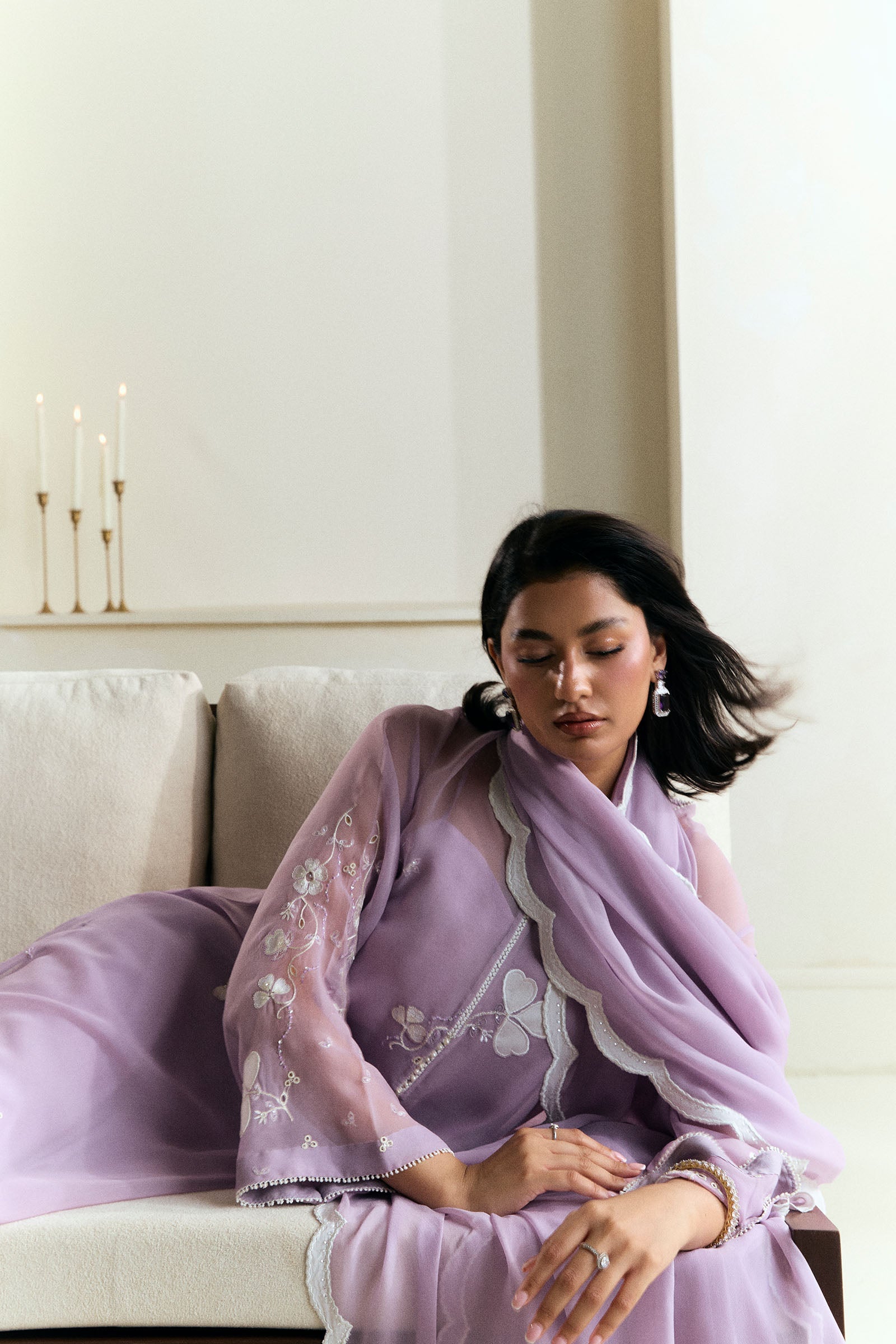 Pakistani Soft Lilac Embroidered Georgette Chiffon Salwar Kameez (3-Piece) - Image 5