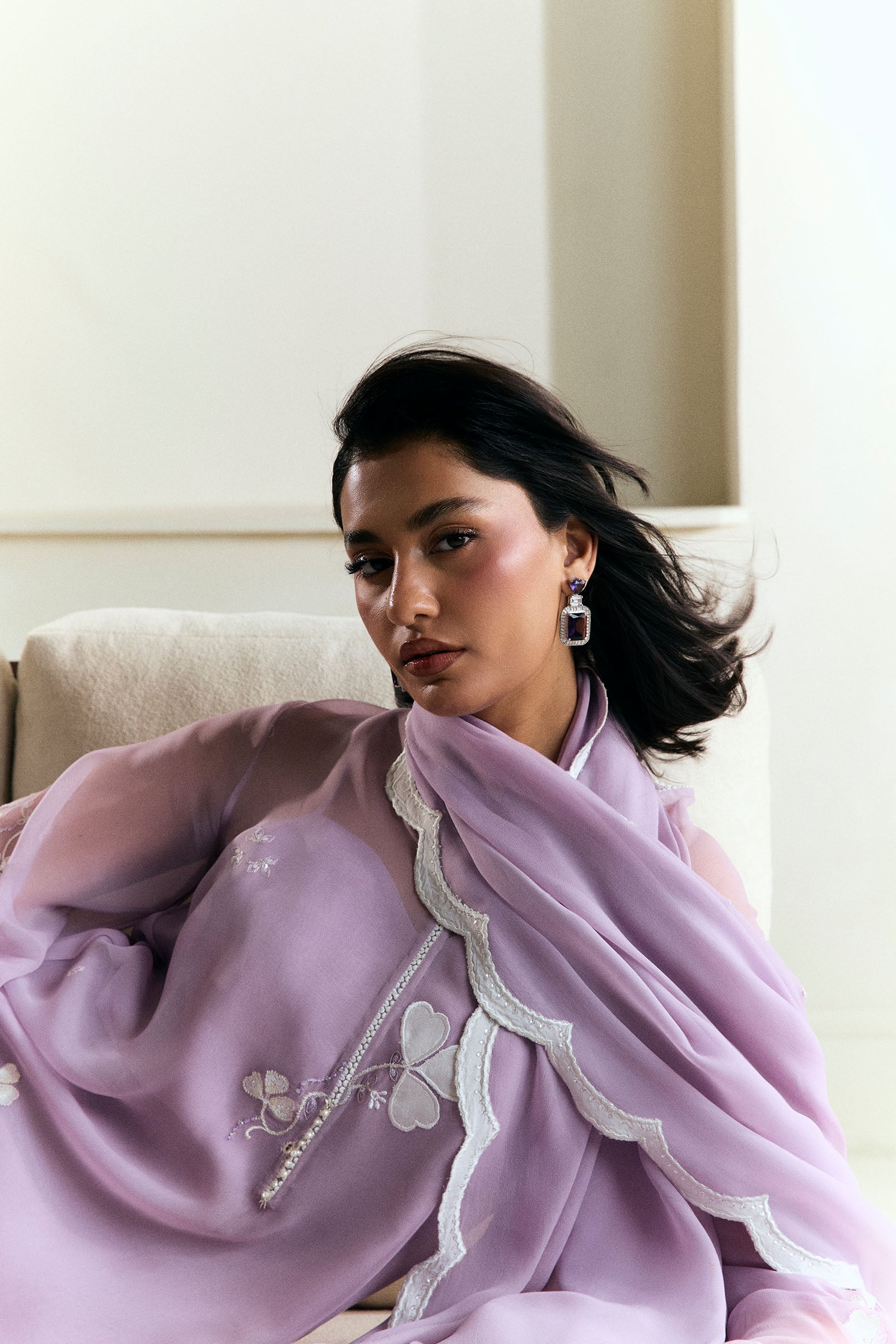 Pakistani Soft Lilac Embroidered Georgette Chiffon Salwar Kameez (3-Piece) - Image 6