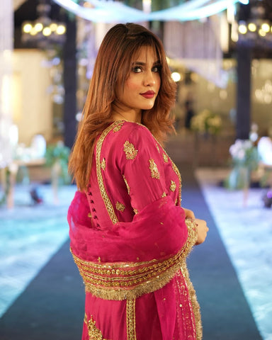 Pakistani Magenta Gold Embroidered Georgette Salwar Kameez (3-Piece) - Image 6