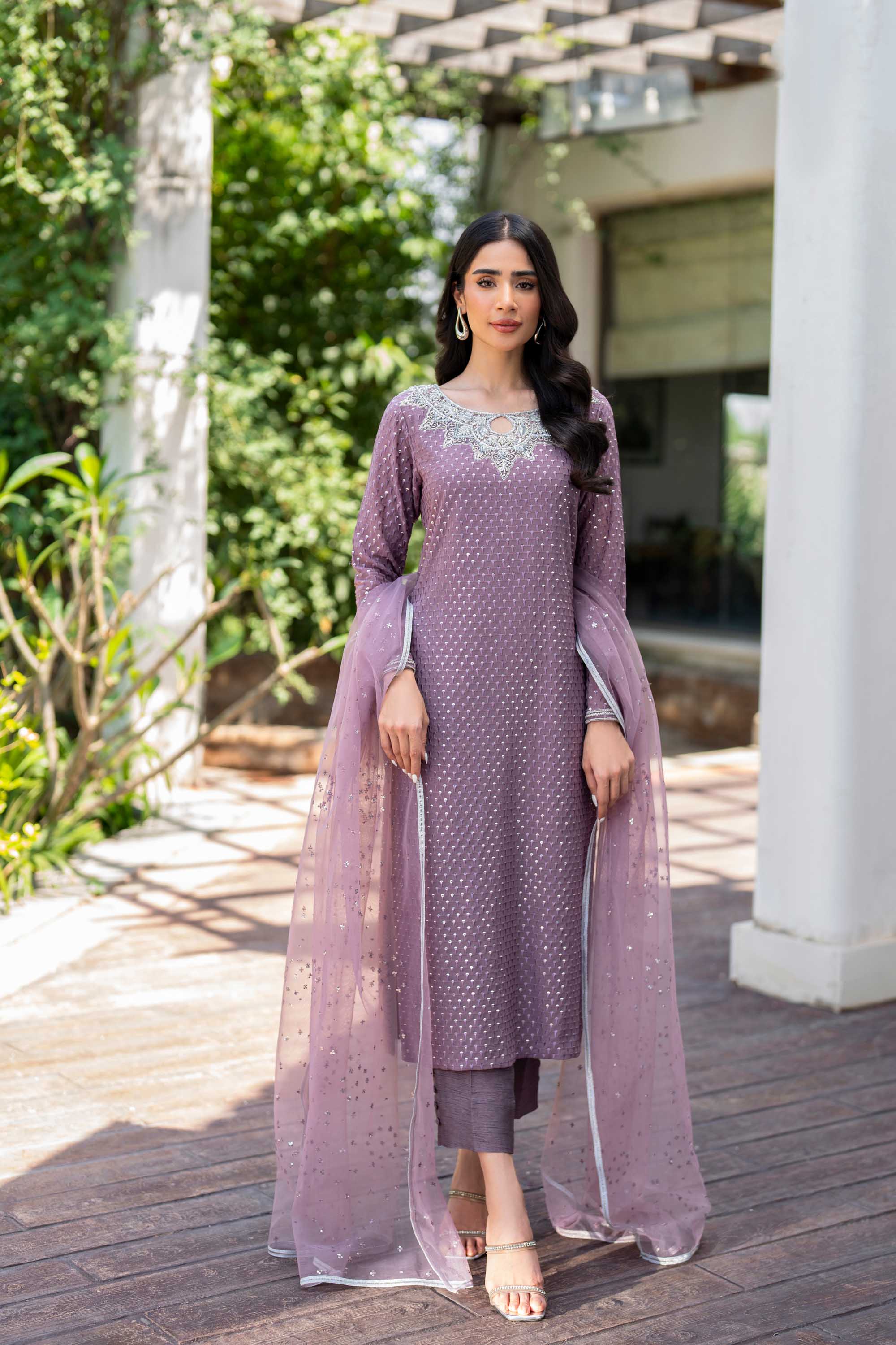 Pakistani Dusty Mauve Sequin Georgette Salwar Kameez (3-Piece) - Image 4