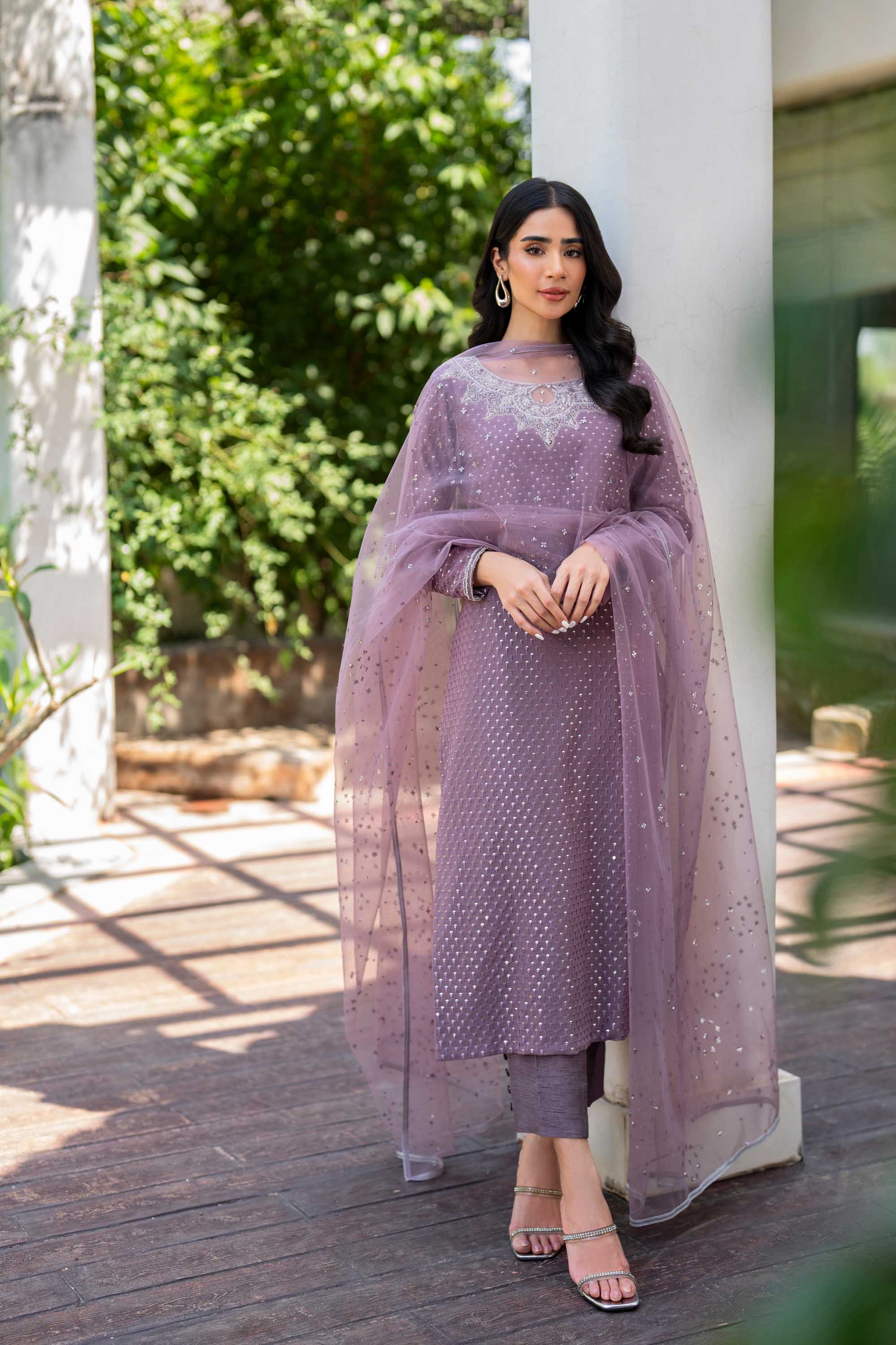 Pakistani Dusty Mauve Sequin Georgette Salwar Kameez (3-Piece) - Image 5