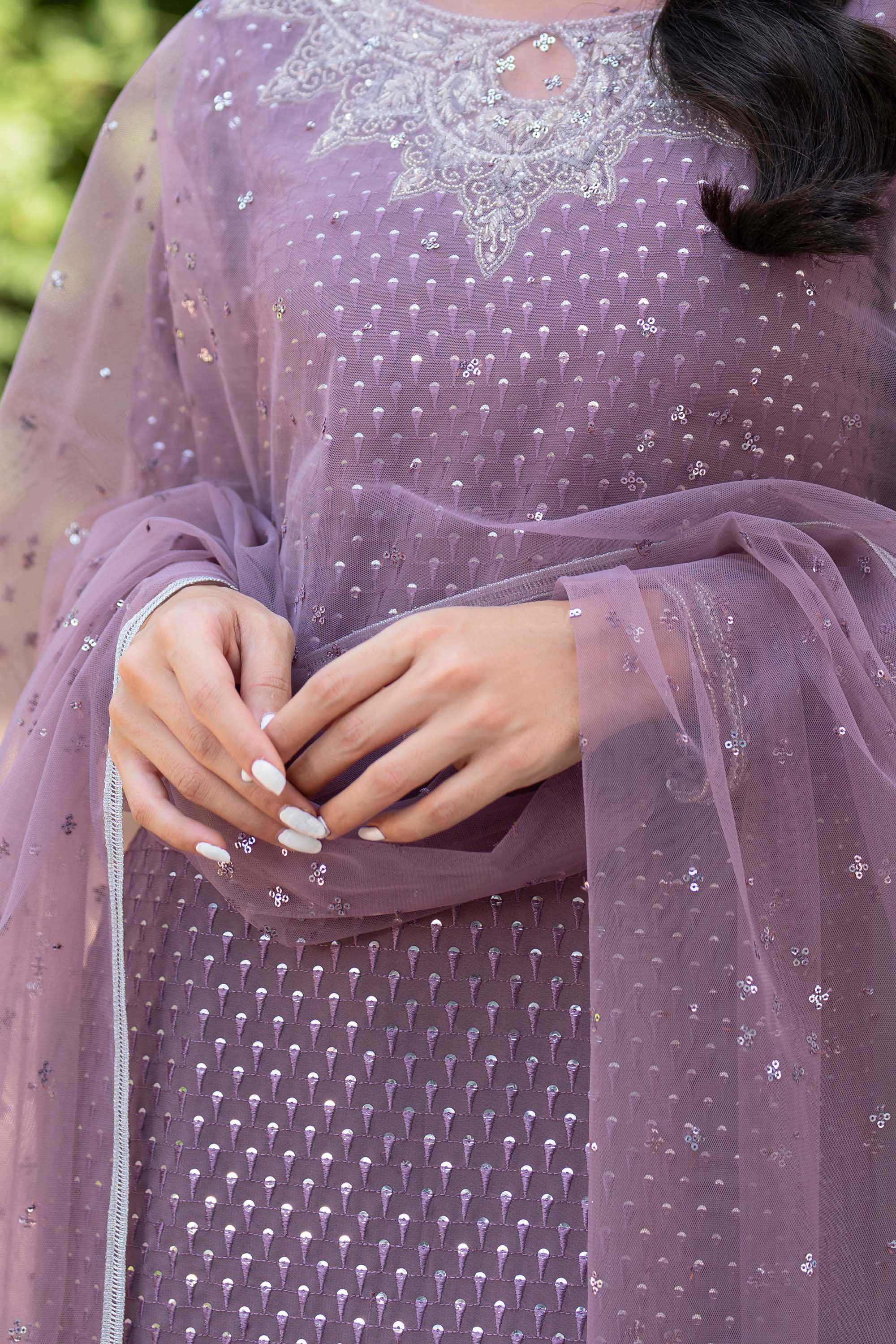 Pakistani Dusty Mauve Sequin Georgette Salwar Kameez (3-Piece) - Image 8